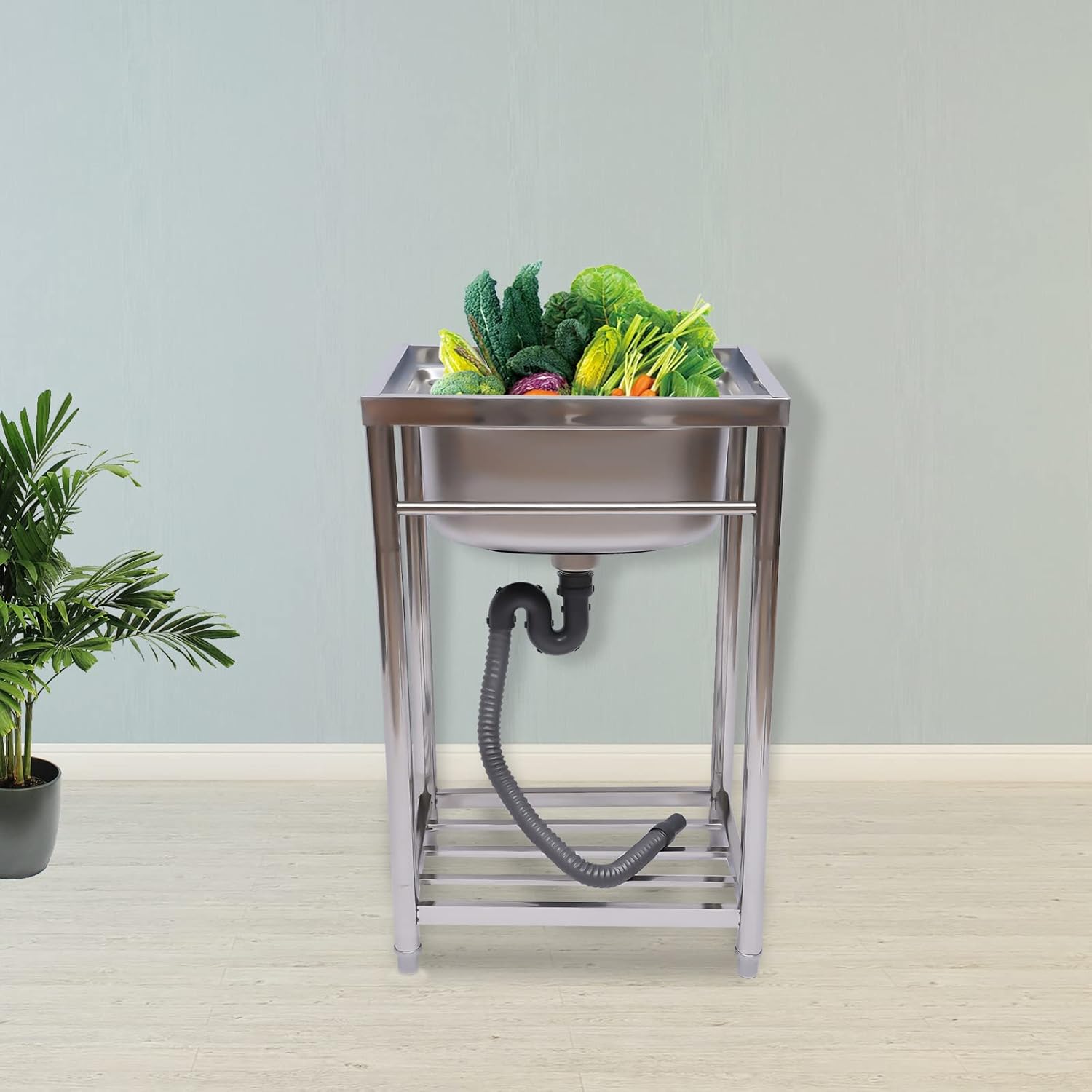 Free Standing Stainless-Steel Single Bowl, Commercial Restaurant Kitchen Sink, Outdoor Sink, Prep & Utility Washing Hand Basin with Storage Shelve for Business Restaurant, Cafe, Laundry Room