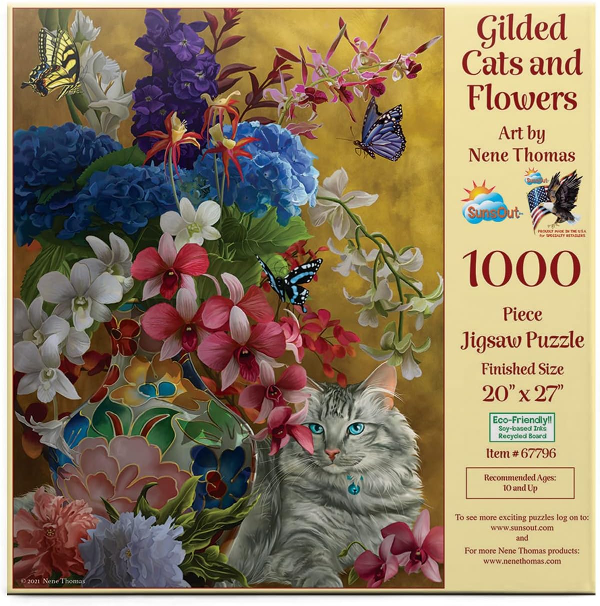 SUNSOUT INC - Gilded Cats and Flowers - 1000 pc Jigsaw Puzzle by Artist: Nene Thomas - Finished Size 20" x 27" - MPN# 67796