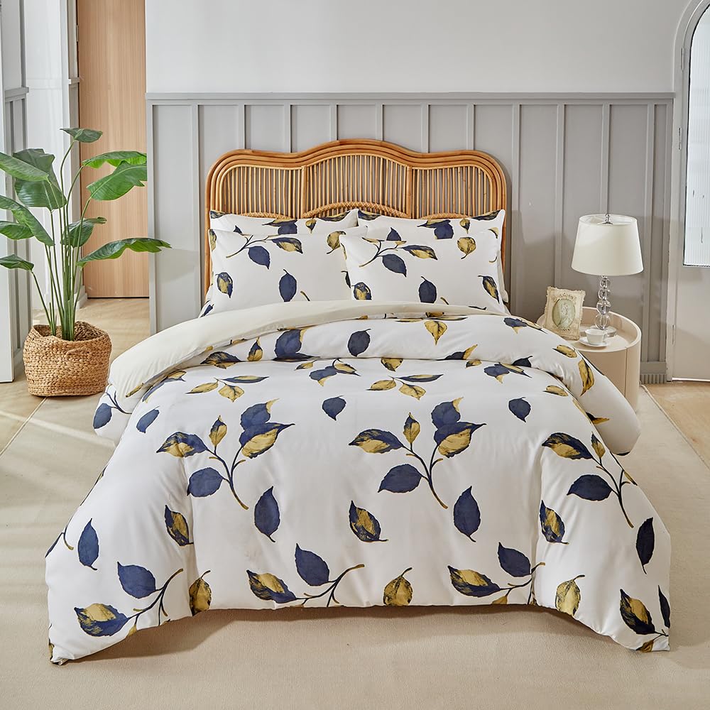 Housse de couette 220x240 feuilles bleues avec ses 2 taies d'oreiller pour lit 2 personnes