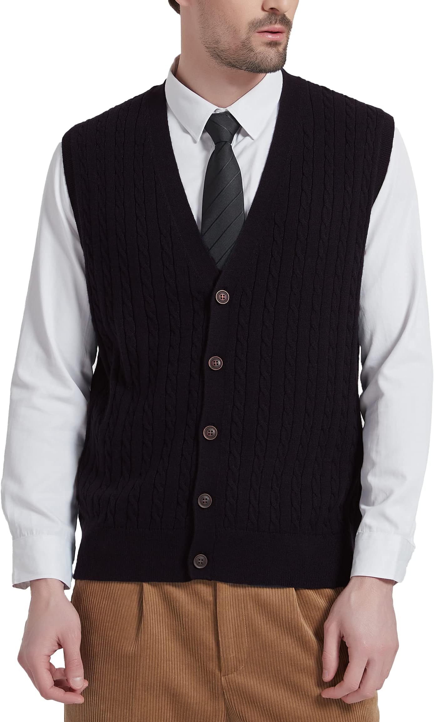 Kallspin Men's Cashmere Wool Blend Gilets Sweater Relax Fit V Neck Cable Knit Sleeveless Knitted Button Cardigan