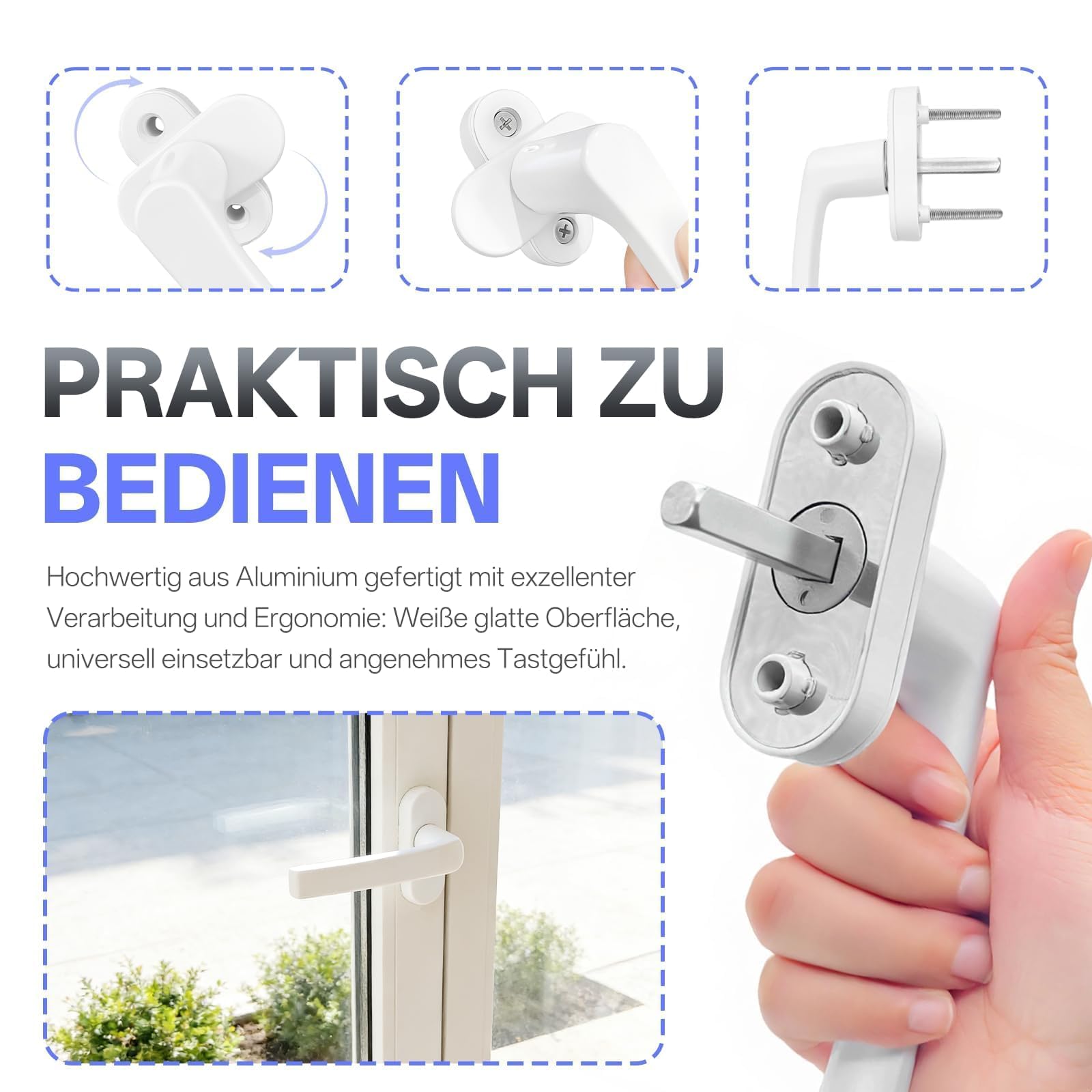 2 Sztuk Uchwyt Okienny Aluminiowy – Klamka Okienna bezkluczowy, Klamka Balkonowa, Uchwyt Bezpieczeństwa, Klamka do Drzwi Tarasowych, Śruby Montażowe w Zestawie, Łatwy Montaż, Trzpień 35mm (Biały)