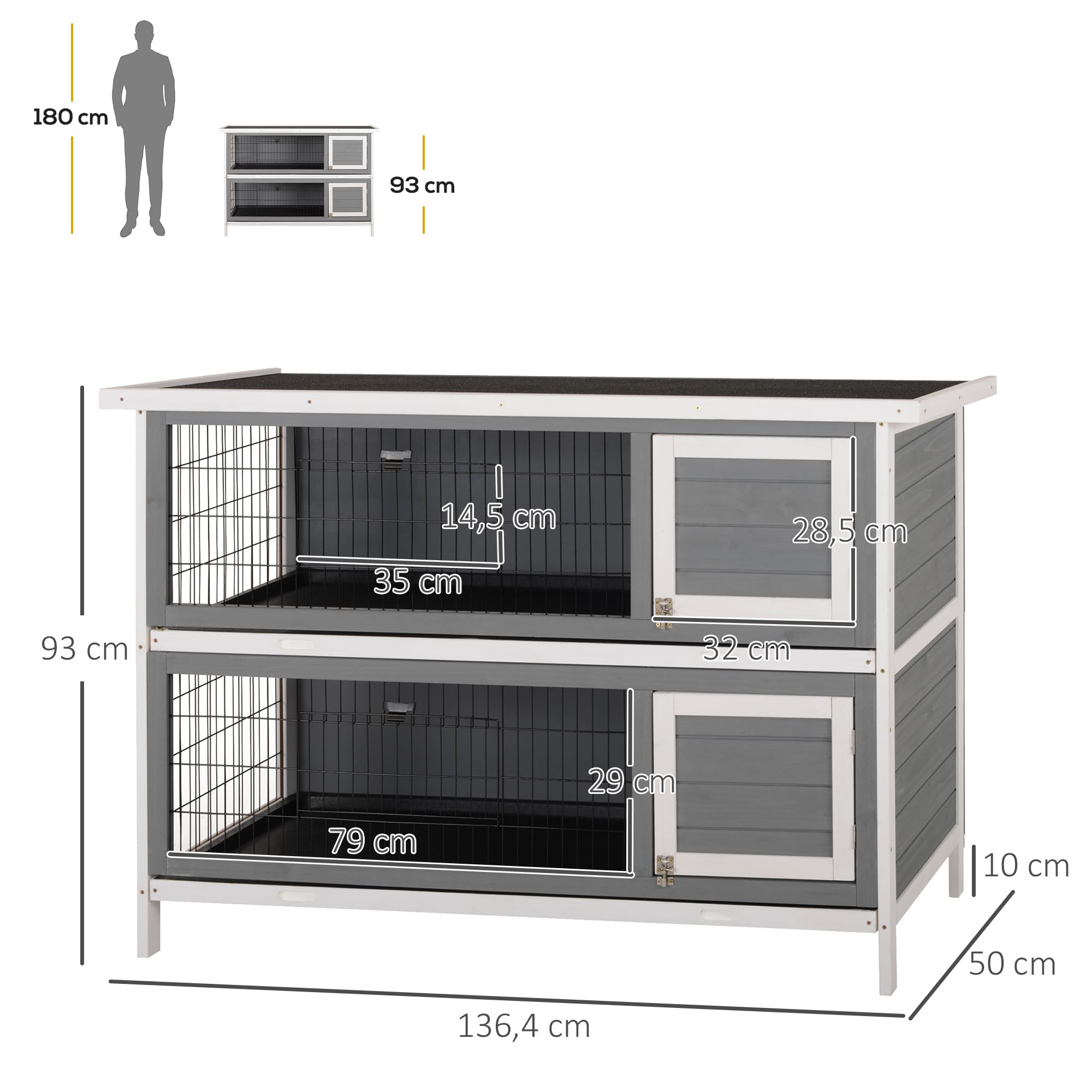 PawHut conigliera 2 livelli in legno massiccio conigliera invernale a due piani con vassoi a pavimento 136,4 x 50 x 93 cm gabbia per conigli piccola per piccoli animali conigli da interno