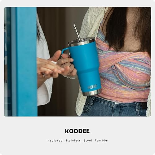 Miniatura 6 de koodee Vaso de 30 onzas con tapa y pajilla, acero inoxidable con aislamiento de doble pared, vaso de viaje para agua y agua con asa (azul cielo)