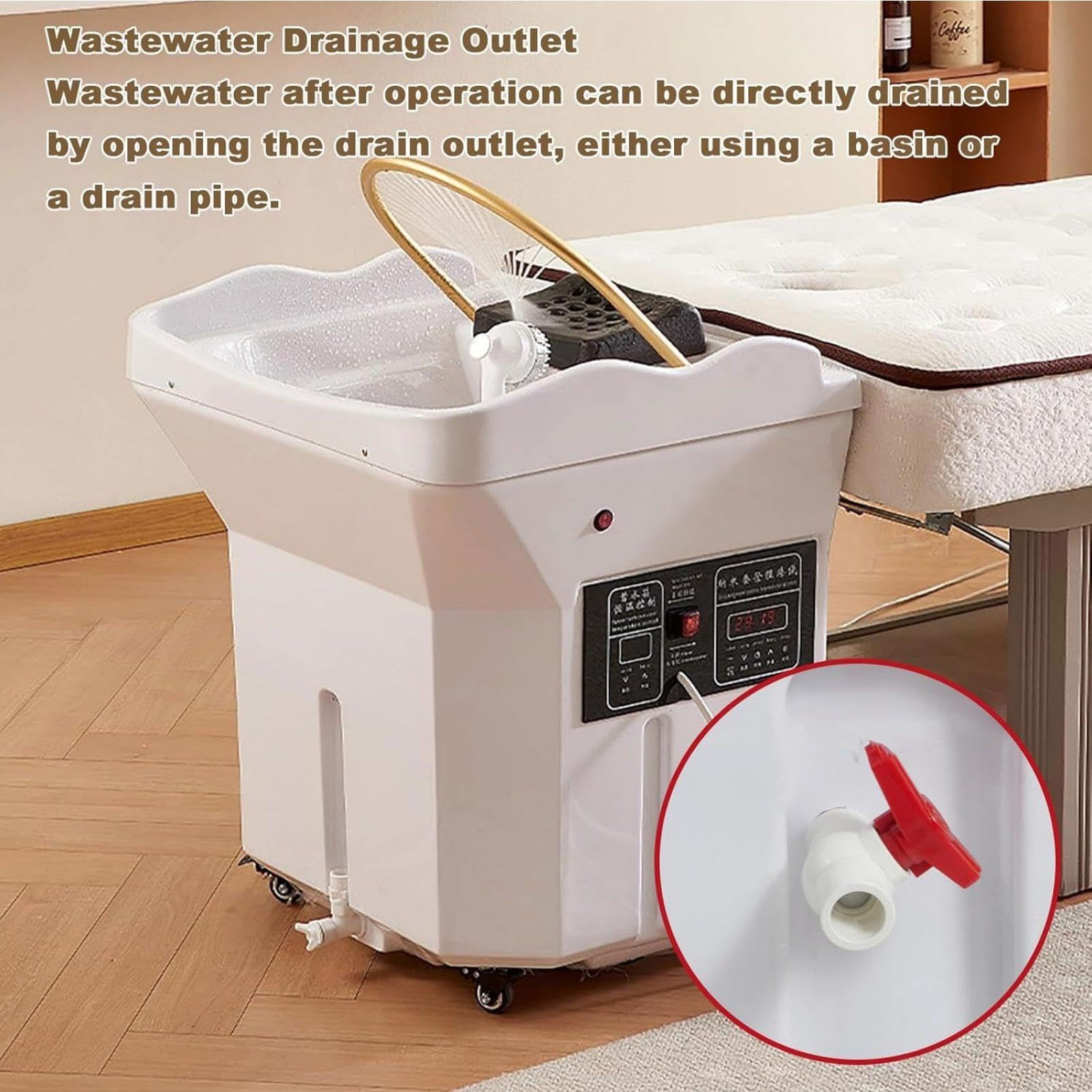 Japanische Head-Spa-Ausrüstung Mobiles Shampoo-Becken für Massage-Shampoo-Bett mit 60-l-Wassertank 4 Universalräder Shampoo-Becken All-in-One-Shampoogerät,Standard