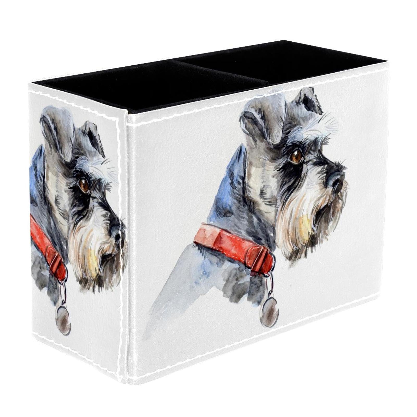 VAPOKF Watercolor Schnauzer Dog Portrait Pen Holder for Desk, 2 Compartments Pen Pot Pencil Holders Makeup Brushes Storage Desktop Stationary Supplies Organiser for Home Office