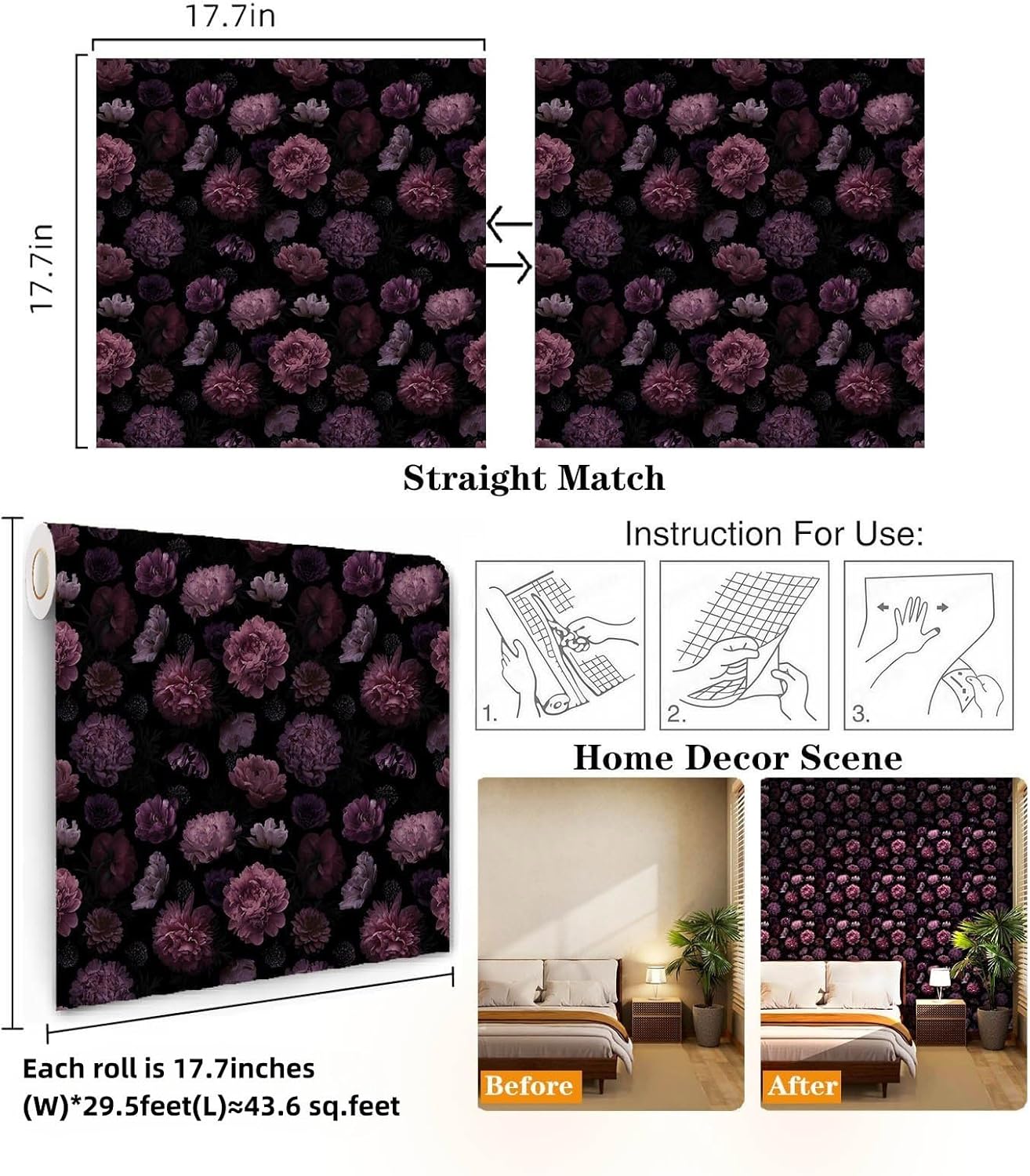 Dark Floral Peony Wallpaper Peel and Stick Removable Renter-Friendly Gothic Vintage Thick Vinyl Wall Covering Waterproof 17.7in × 354in
