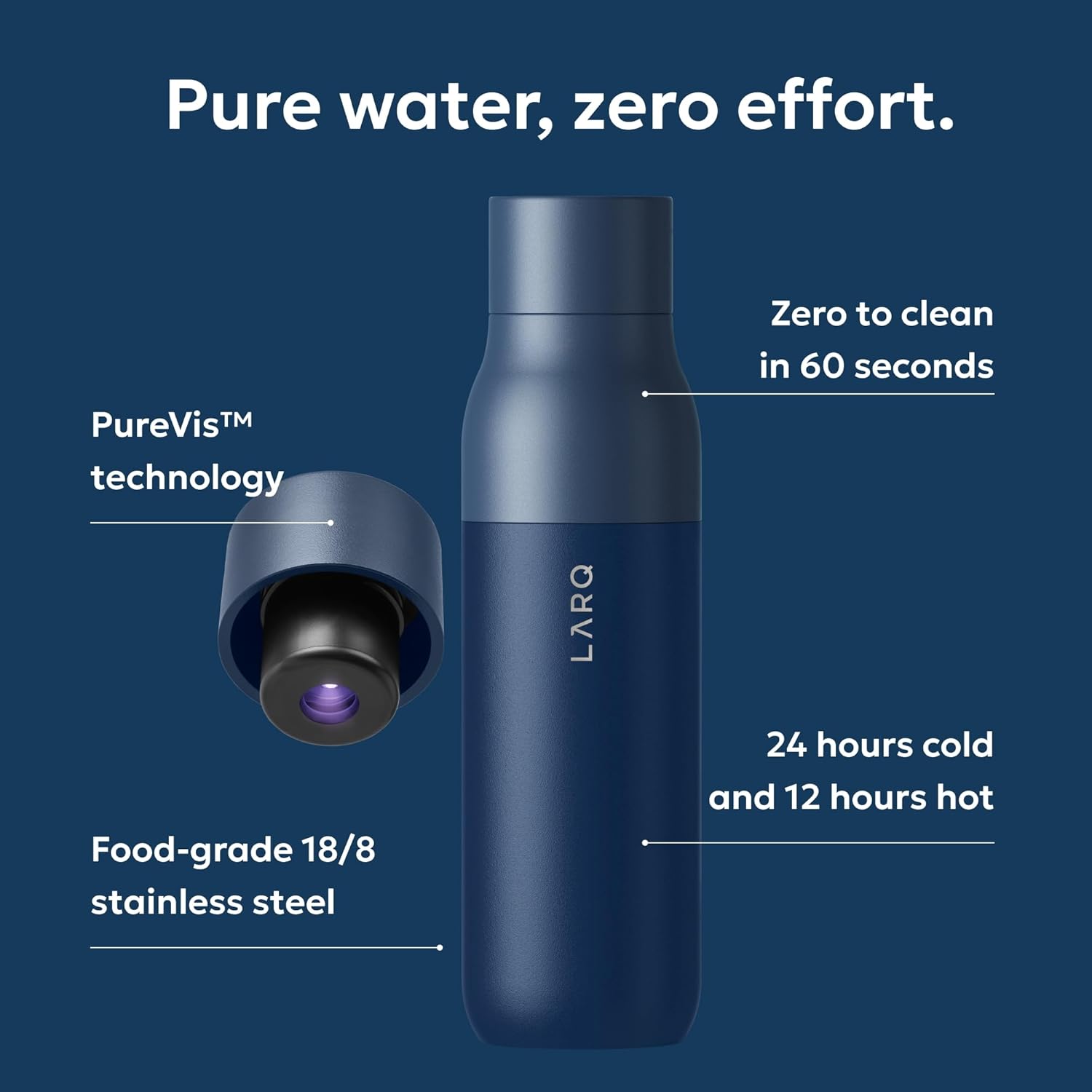LARQ Bottle PureVis 25 oz - Self-Cleaning and Insulated Stainless Steel Water Bottle with UV Water Purifier and Award-winning Design | Reusable & Travel Friendly, Monaco Blue