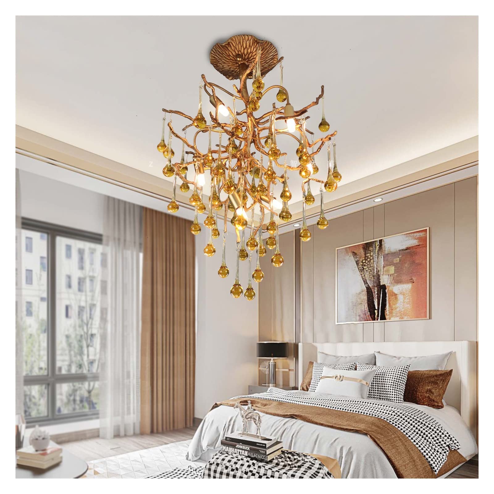 Lampadario moderno in cristallo per ristorante e soggiorno, plafoniera retrò minimalista con design a ramo di rame, elegante illuminazione per camera da letto, arredamento di tendenza per la casa.