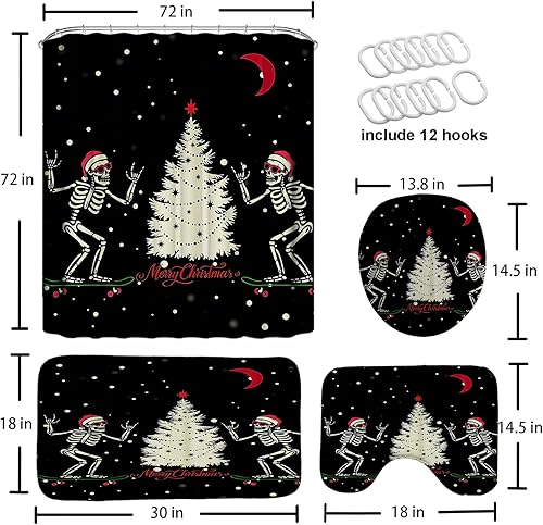 Miniatura 2 de 4 Pcs Christmas Decorative Ball Shower Curtain Set with Non-Slip Rugs for Bathroom, Xmas Baubles on Pine Tree Twig Art Print Christmas Holiday