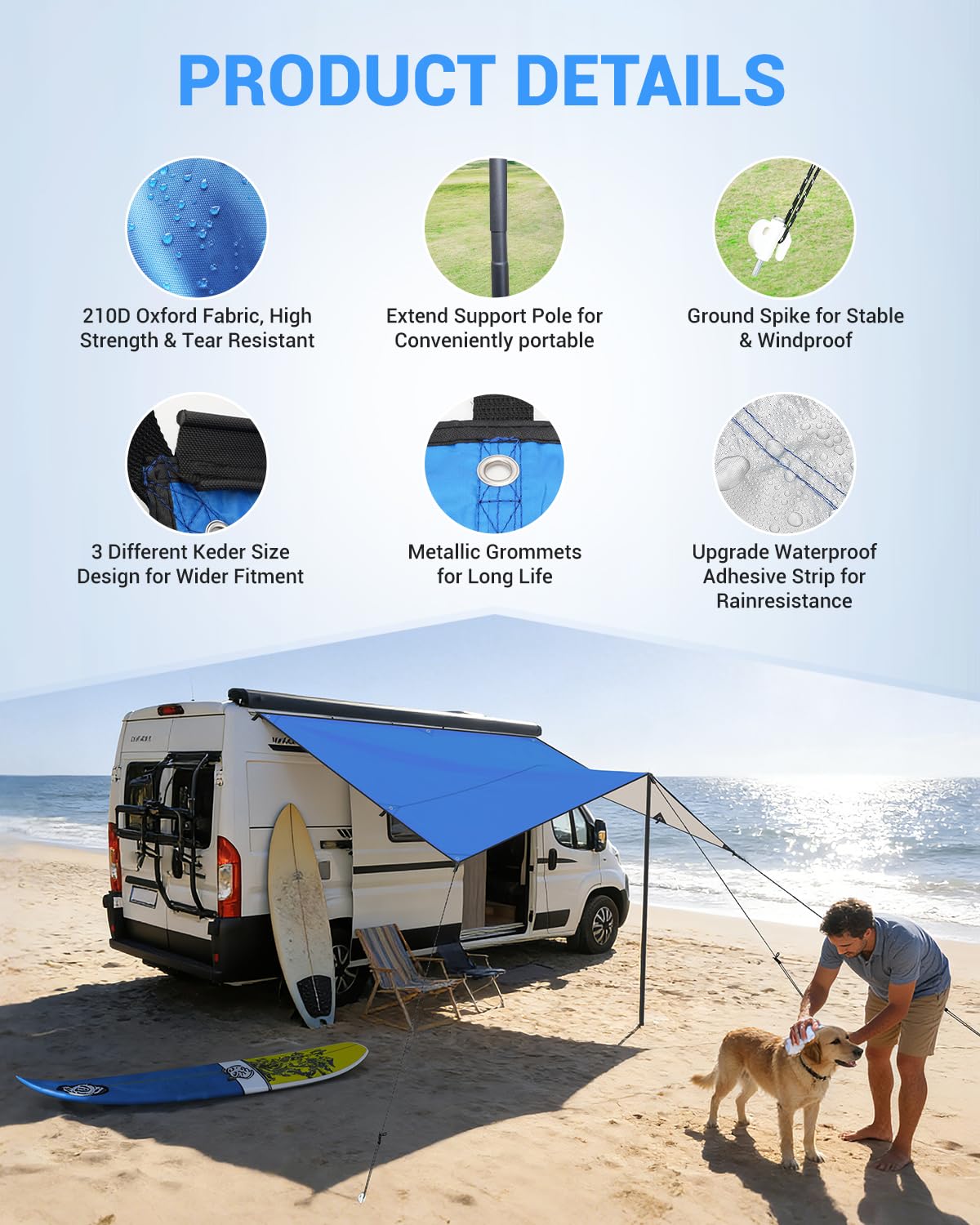SUPAREE Sonnensegel Markise Wohnmobil Wohnwagen Markise 3m Sonnensegel Wohnwagen mit Keder 210D Oxford mit 3 Kederschiene UV-Schutz Wasserdicht für Camper Van 3 x 2,4m