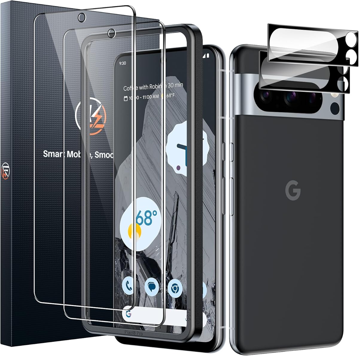 LK 2 Pack for Google Pixel 8 Pro Screen Protector [New Version] + 2 Pack Camera Lens Protector, Fit Lens Cutouts Ports, Support Fingerprint Unlock, Bubble-Free, with Easy Installation Tool
