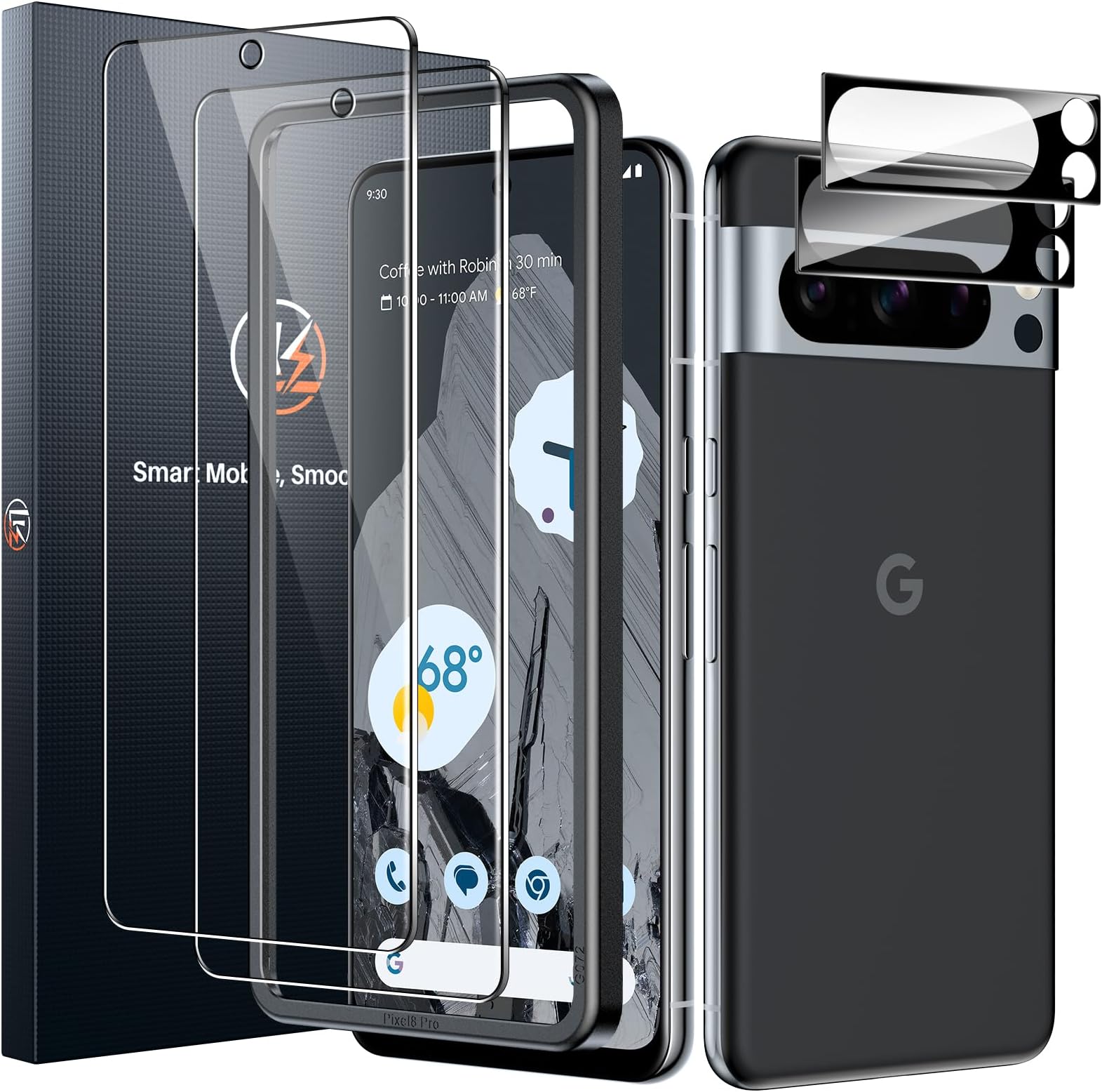 LK 2 Pack for Google Pixel 8 Pro Screen Protector [New Version] + 2 Pack Camera Lens Protector, Fit Lens Cutouts Ports, Support Fingerprint Unlock, Bubble-Free, with Easy Installation Tool