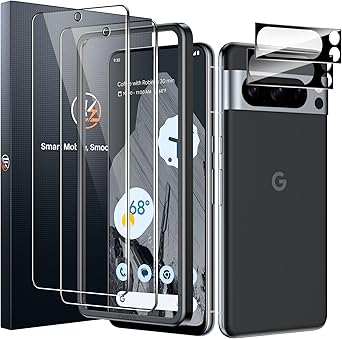 LK 2 Pack for Google Pixel 8 Pro Screen Protector [New Version] + 2 Pack Camera Lens Protector, Fit Lens Cutouts Ports, Support Fingerprint Unlock, Bubble-Free, with Easy Installation Tool