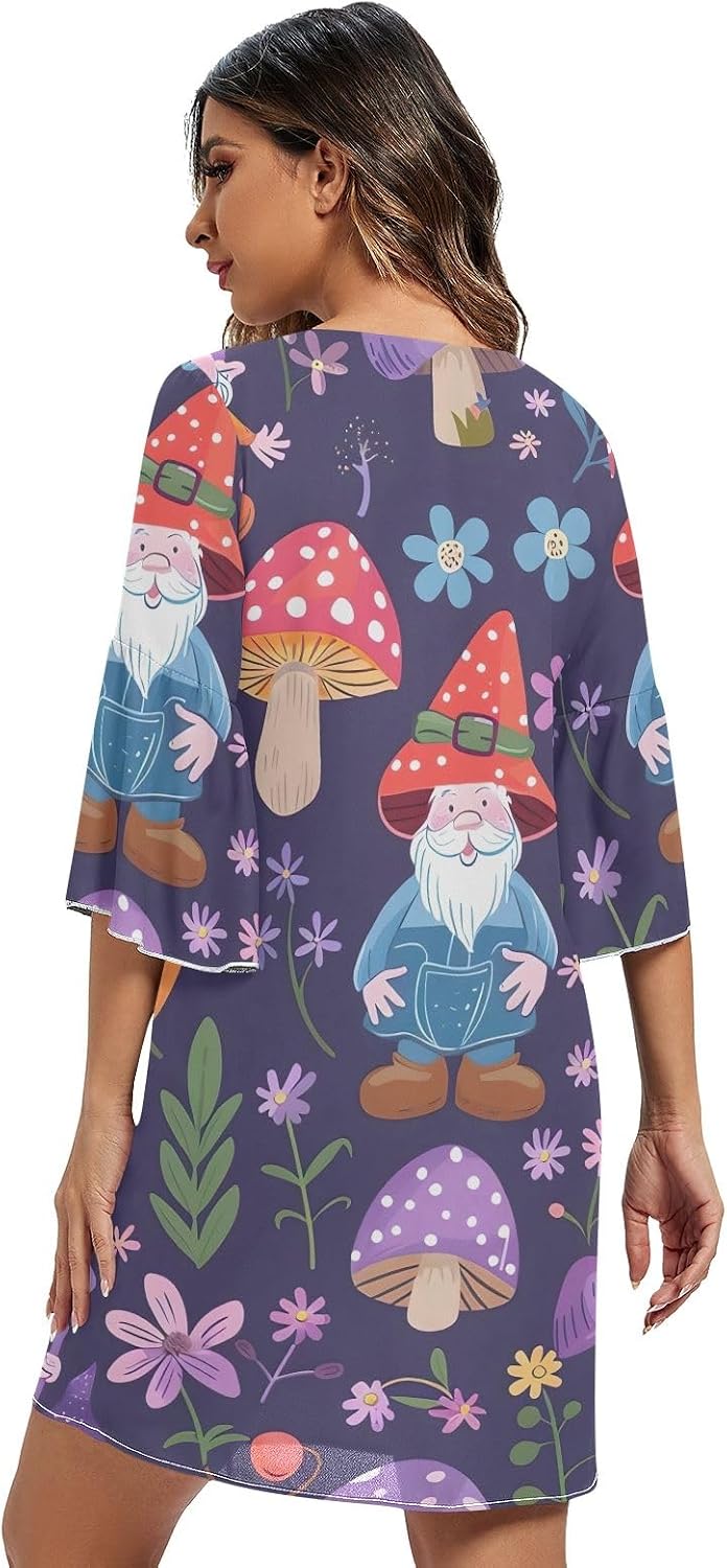 Cute Gnome Mushroom Purple V Line Dress 3/4 Sleeve Summer Party S-XXL