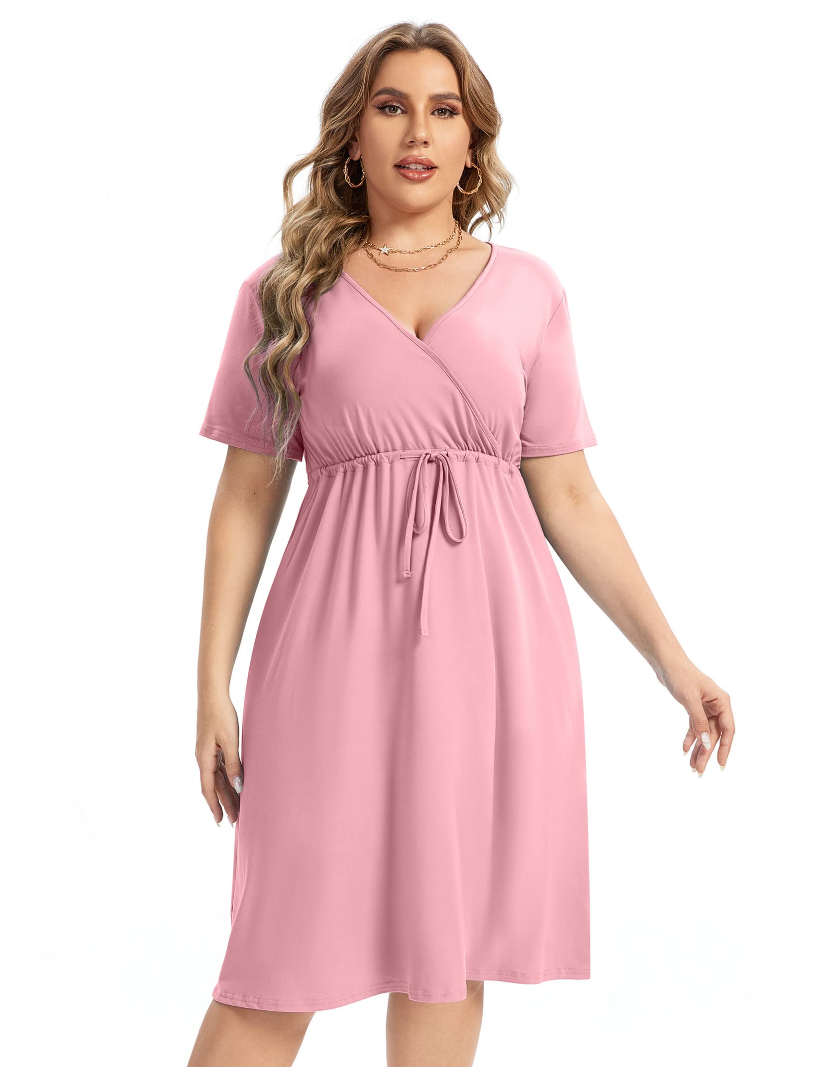 Plus Size Dress Women's V Neck A-Line Knee Length Wrap Mini Dress with Belt Plus Size Dresses for Curvy Womenpink-cs XX-Large