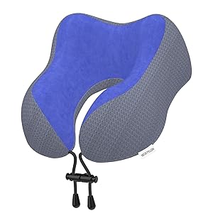 Yomisee Yomisee Almohada cervical de avión, cojín de viaje para coche, de espuma viscoelástica con funda aterciopelada, cojín cervical para adultos, para viajes, camping, oficina y hogar (azul oscuro)