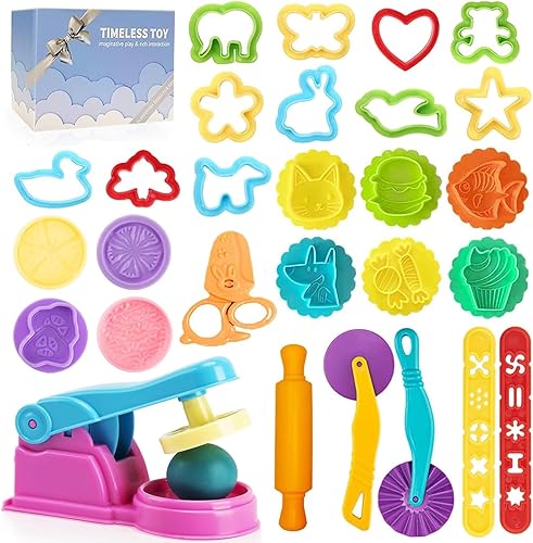 Juego de herramientas de masa para niños, accesorios de juguete que incluyen sellos, cortador de tijera, moldes de extrusora de rodillos y caja de