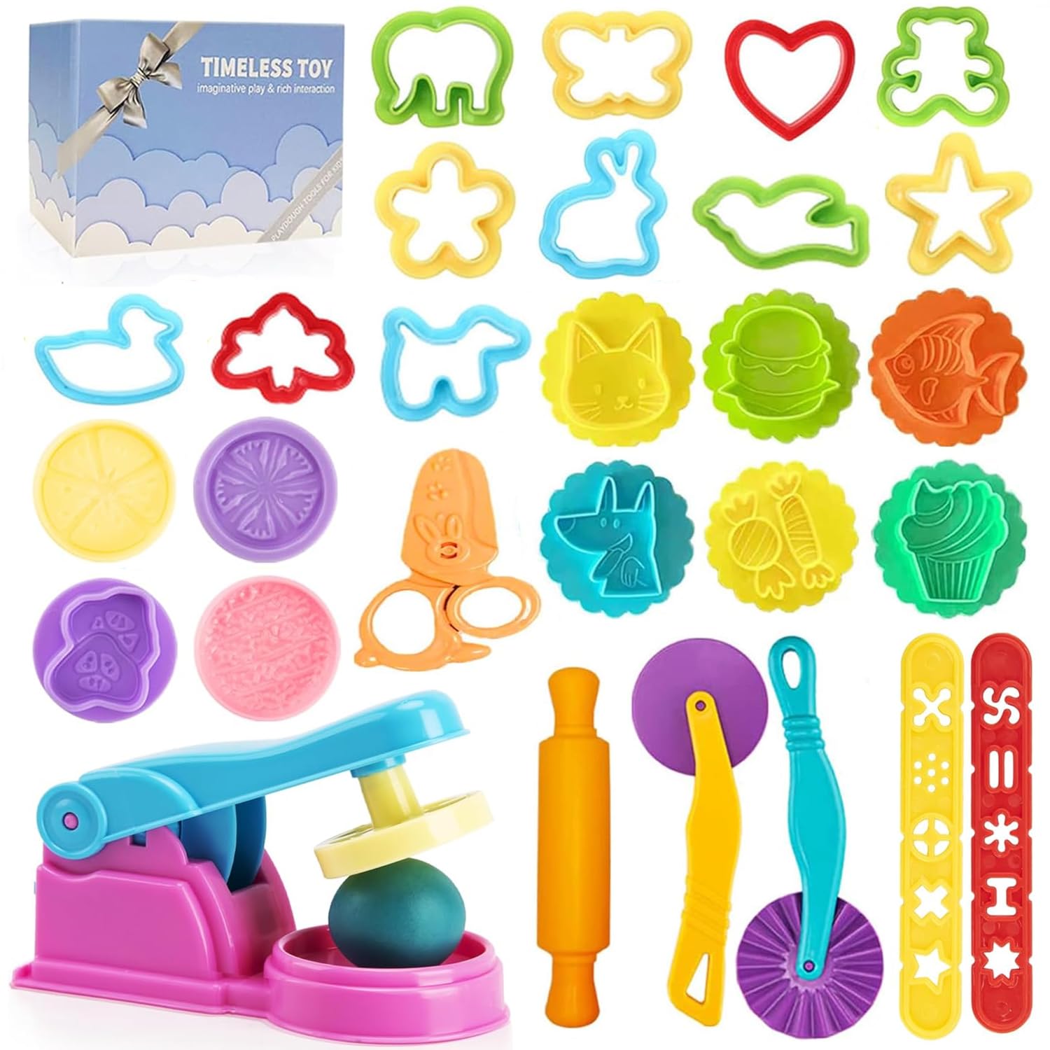 Dough Tools Play for Kids- Toy Accessories Include Stamps Cutter Scissor Roller Extruder Molds and Storage Box Party Favors Set for Age 2-8