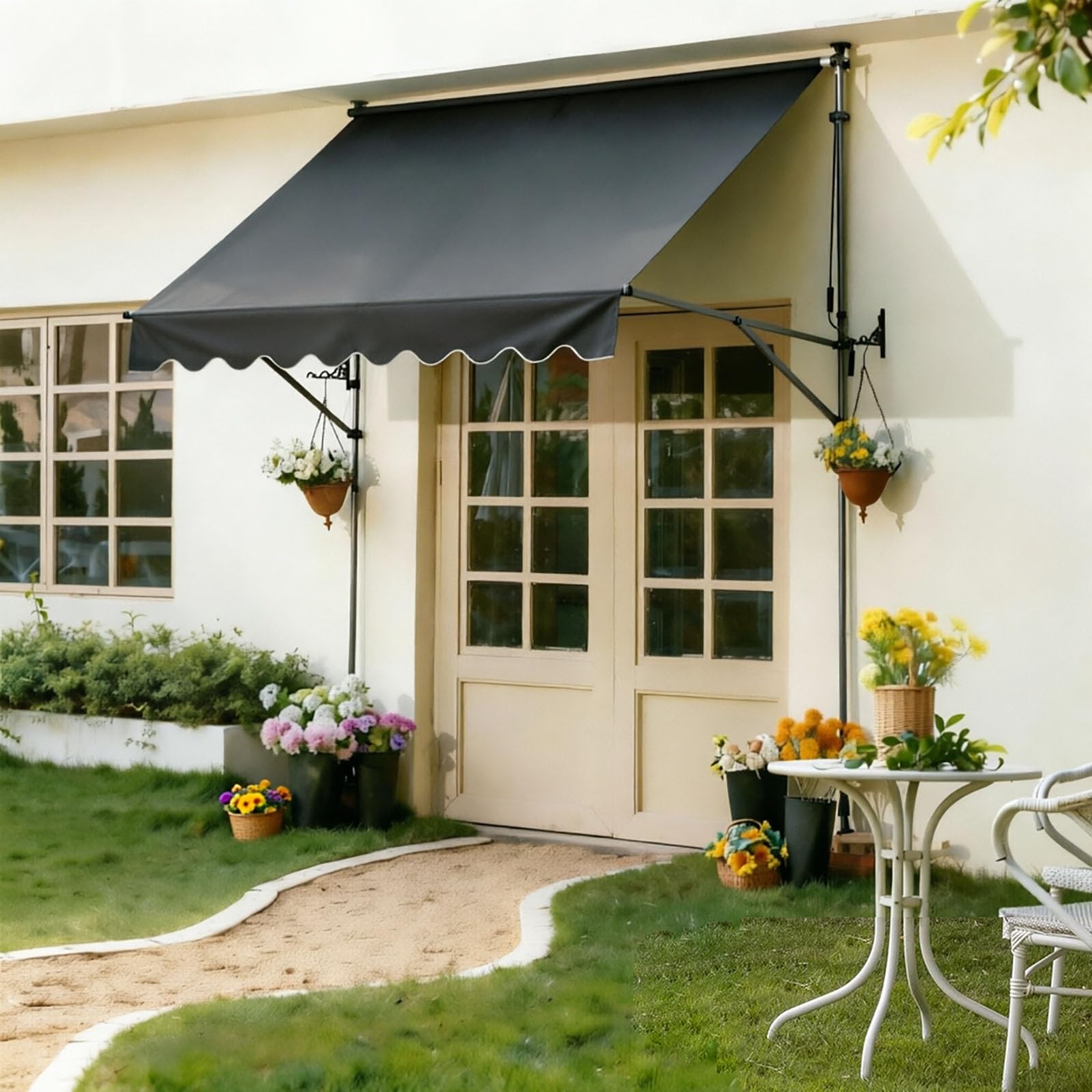 Marquise Soleil Enroulable avec Manivelle, Auvent sans perçage 2.15-3.1m Hauteur réglable, Protection UV et Imperméable, pour Extérieur Balcon(Gray,300 * 150cm)