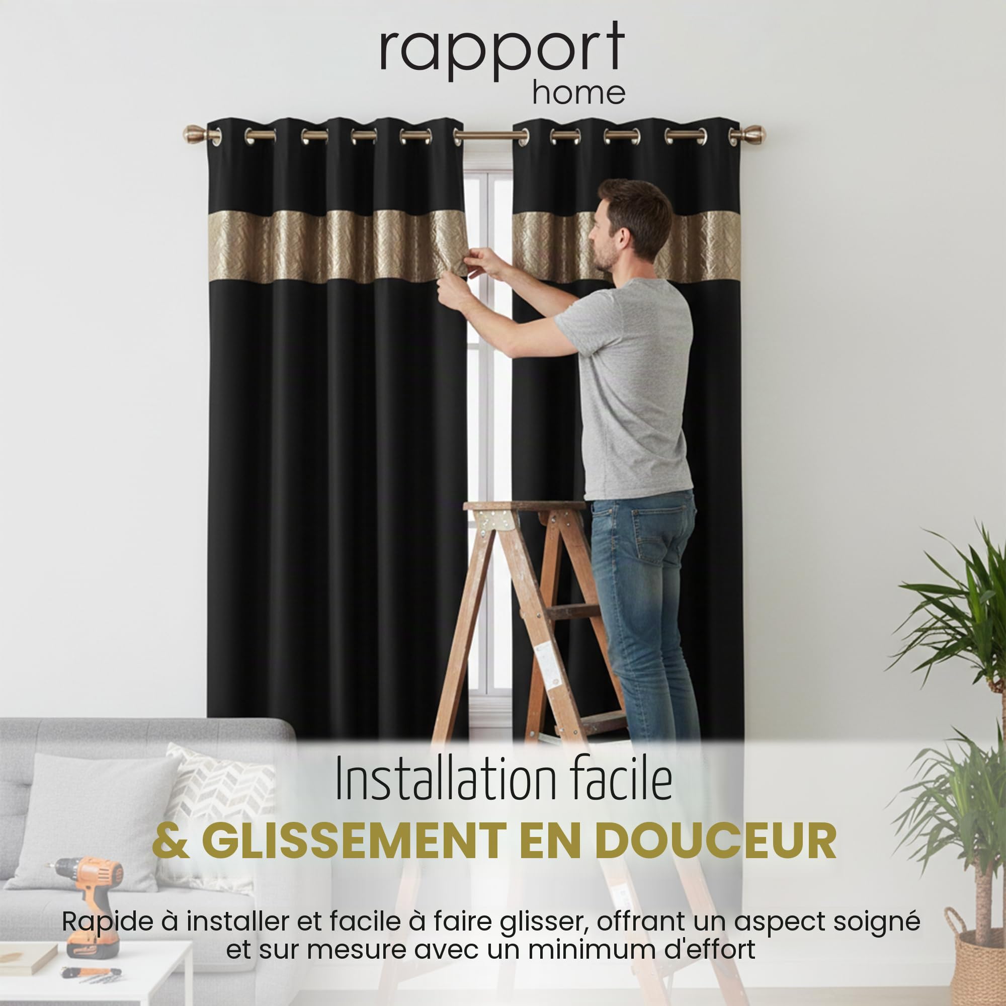 Rapport Capri Paire de Rideaux à œillets en Velours Noir/doré 168 x 183 cm