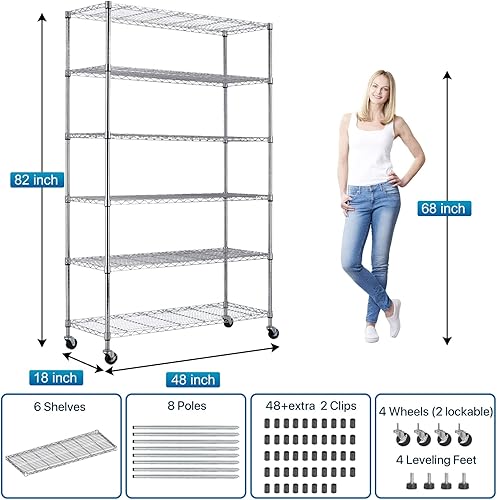 Miniatura 3 de Estantes de almacenamiento, estante de metal, estantería de alambre con ruedas, certificación NSF de 6 niveles, altura ajustable, estantería de