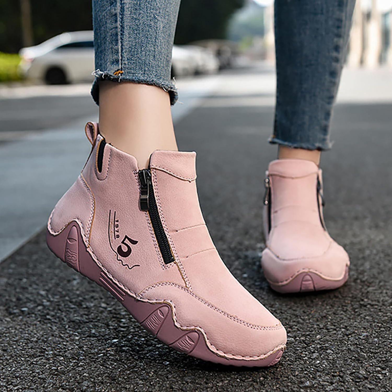 Women'S Leather Handmade Sneaker Ankle Boots Double side zippers Casual Lightweight Outdoor Walking Shoes For Hiking Camping Driving