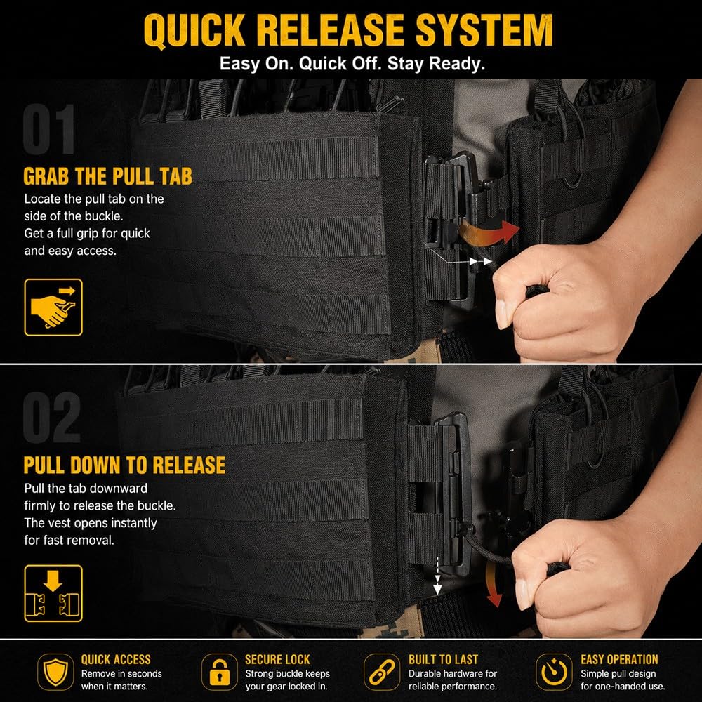 Chaleco Táctico Hombre Mujer Sistema MOLLE,Chaleco Portaplacas Liberación Rápida Ajustable Transpirable Nylon 1000D Airsoft Paintball Senderismo Caza Actividades Outdoor