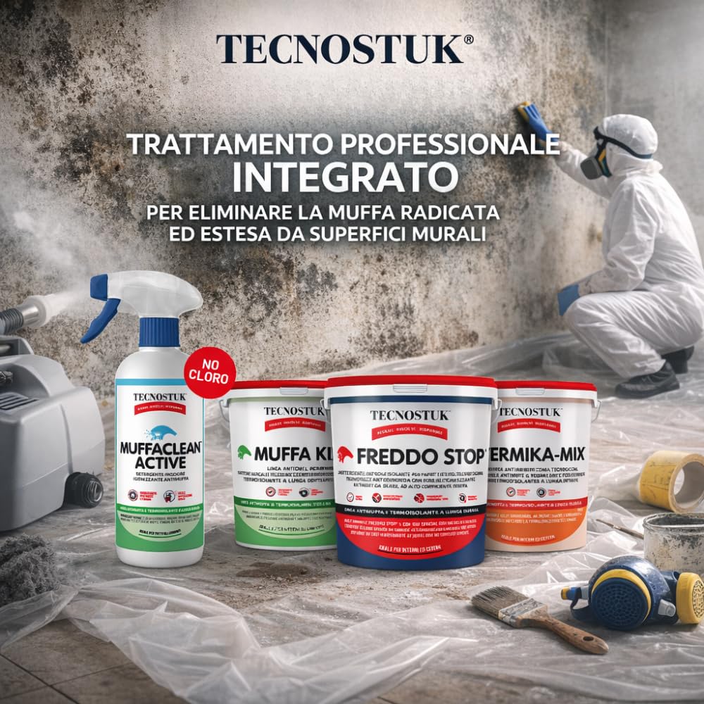 TECNOSTUK KIT Professionale Antimuffa Per Muffa Molto Radicata Ed Estesa MuffaClean Active 1L + Muffa K.O. 1L + Freddo Stop 1L + Termika-Mix 1L
