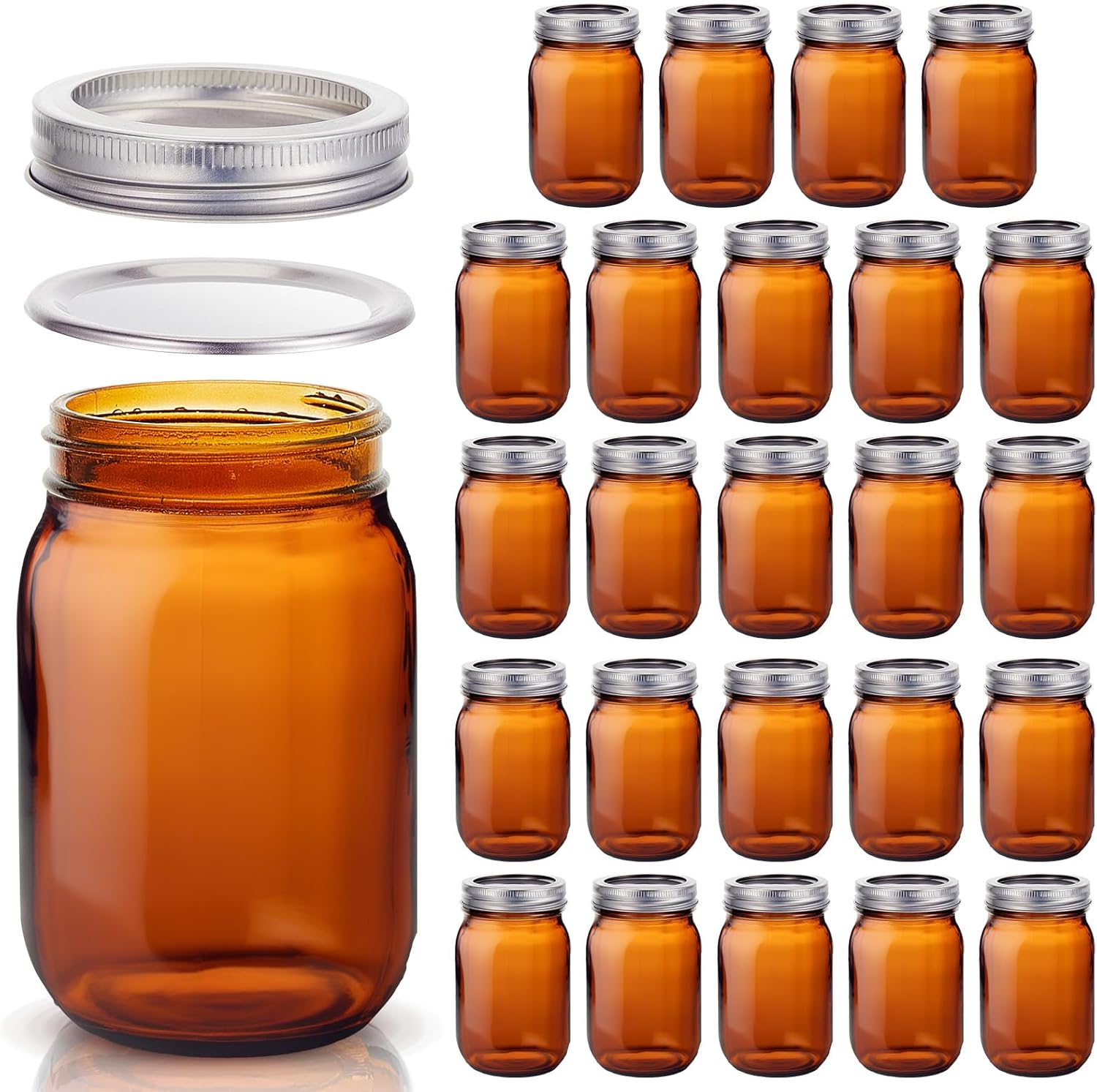Norme 24 Pieces Amber Mason Jars 16 oz Amber Glass Mason Jar with Airtight Lids Canning Apothecary for Pickle Fermenting Canning Freezing Beverages Preserving