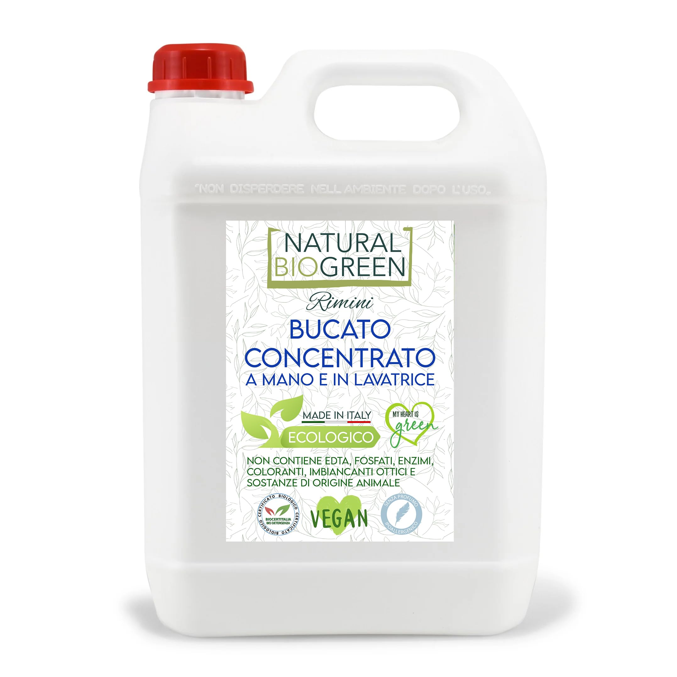 Naturalbiogreen Ökologisches Waschmittel für Waschmaschine und Handwäsche, ohne Parfüm, hypoallergen, 5 Liter