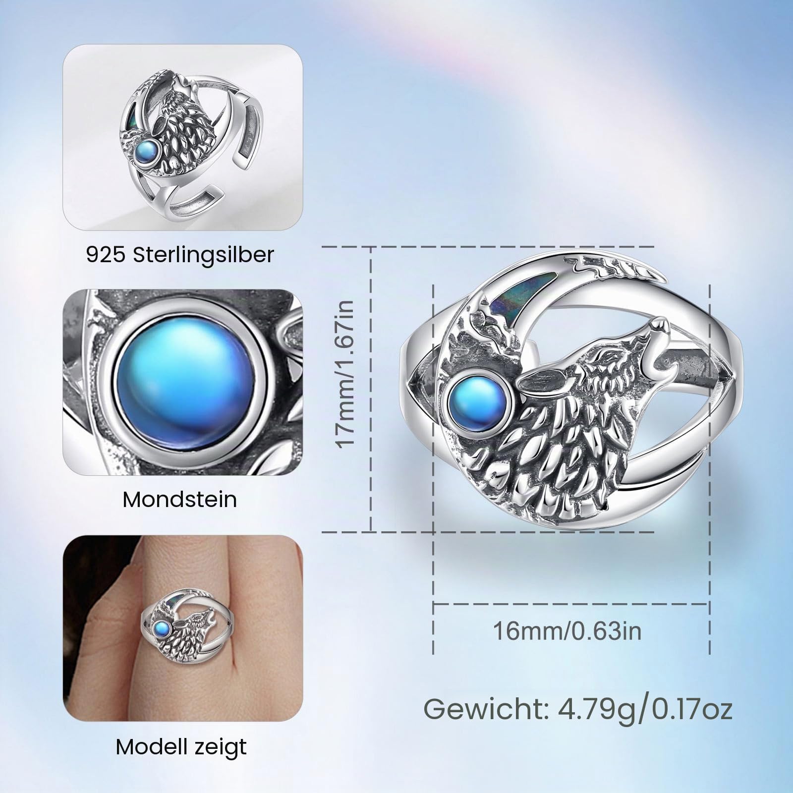 AEONSLOVE Drachen Ringe Silber 925 für Herren Damen, Wikinger Runen Vegvisir/Gothic Totenkopf Ring Verstellbar, Schlange Obsidian/Tetragrammaton Pentagramm/Wolf Offener Ring Vintage