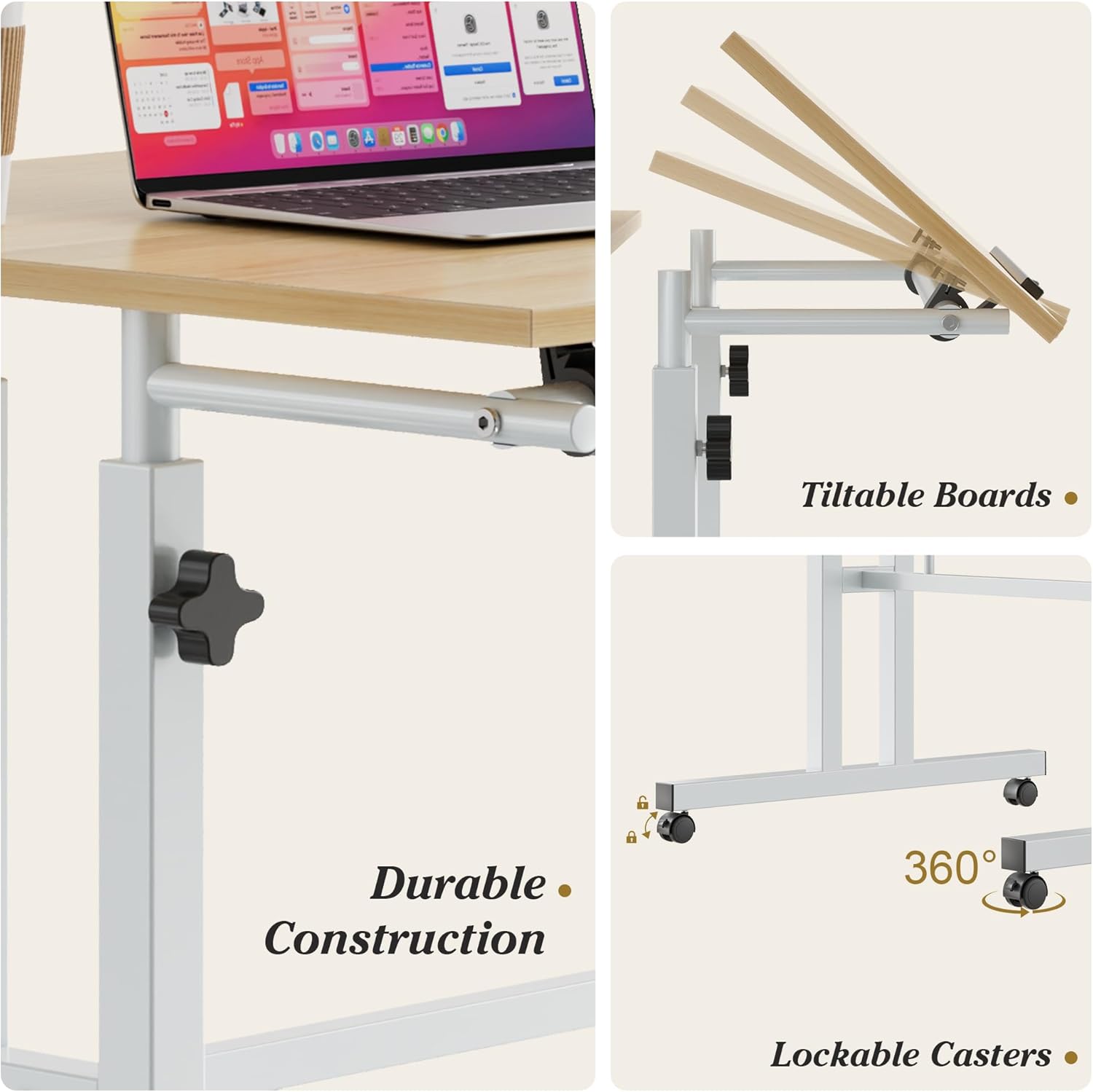 VECELO Small Mobile Standing Desk 24 Inch, Adjustable Height Portable Stand Up Desk with Wheels Computer Workstations, Rolling Laptop Cart, Oak