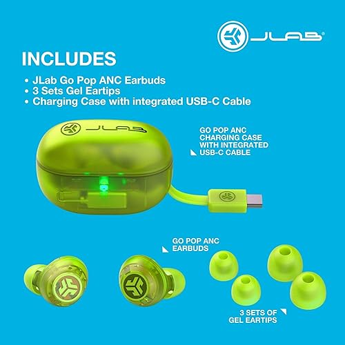 Miniatura 6 de JLab Go Pop ANC True Auriculares inalámbricos y funda de carga, verde neón transparente, cancelación activa de ruido, controladores de 0.394 in,