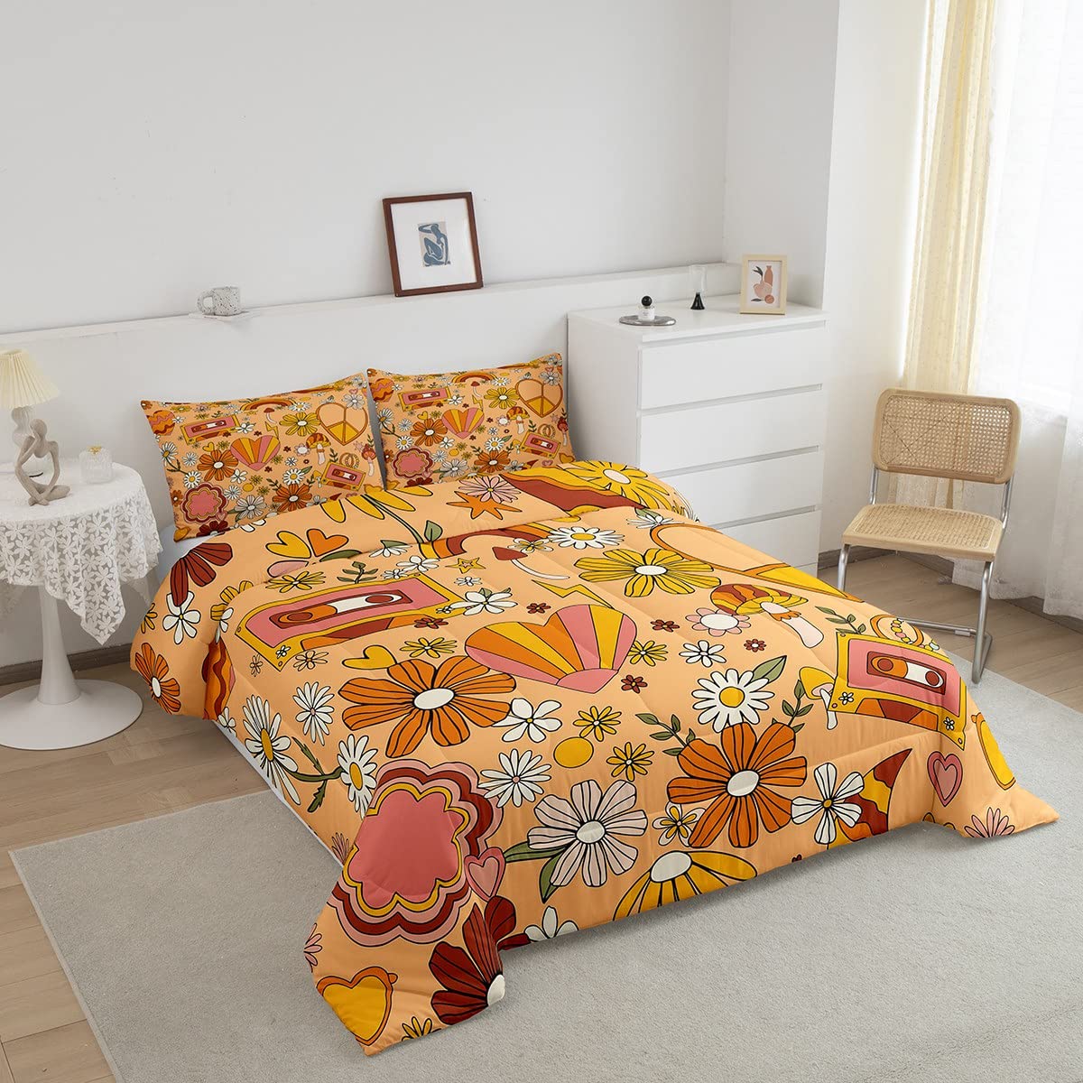 Groovy Style Comforter Set Queen Size,Vintage 60s 70s Flower Doodle Bedding Set for Teens Youth,Cartoon Daisy Love Peace Themed Quilt Set,Funky Rainbow Flowers Duvet Insert with 2 Pillowcases