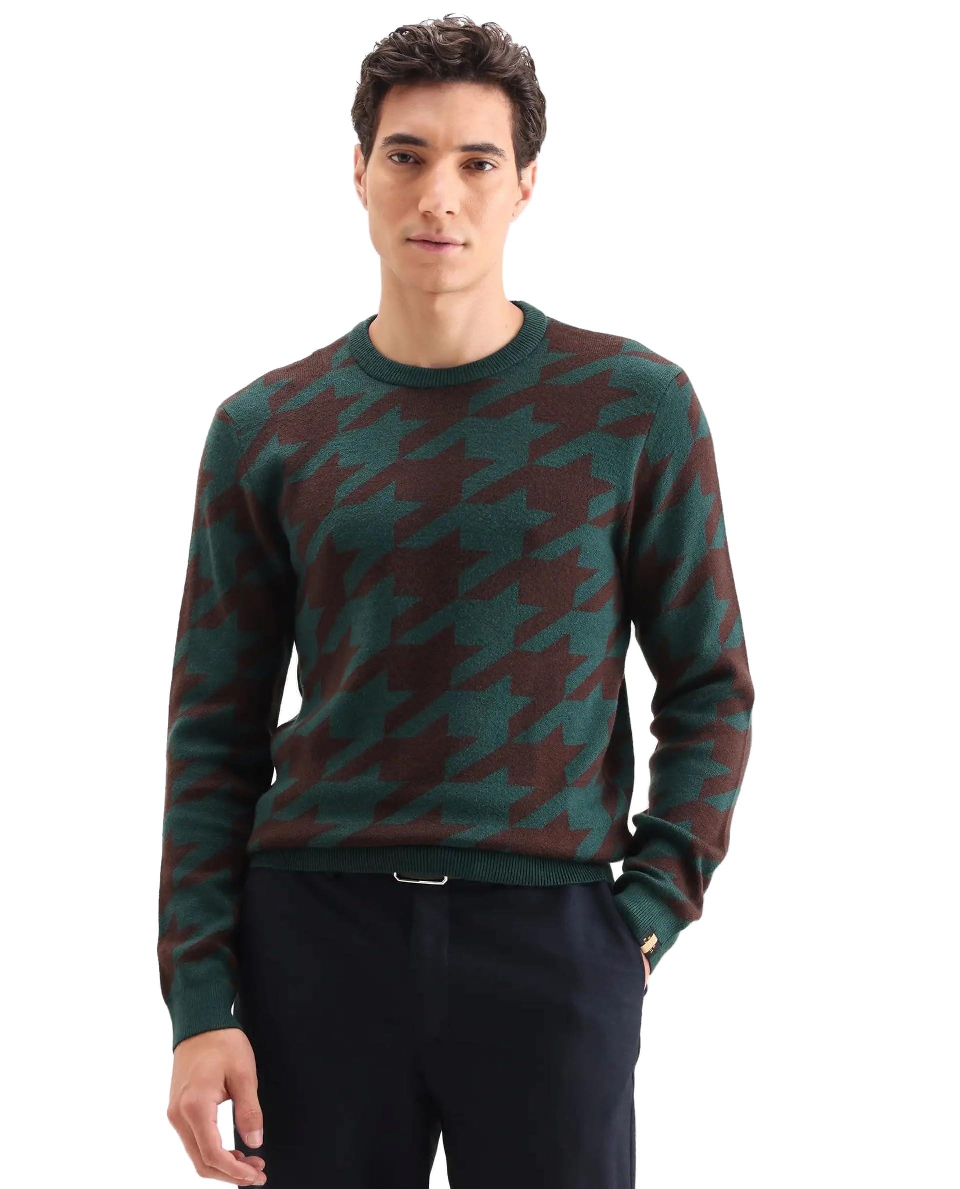 Men's Honder Relaxed Houndstooth Rayon Crew Neck Long Sleeve Sweater-image-26