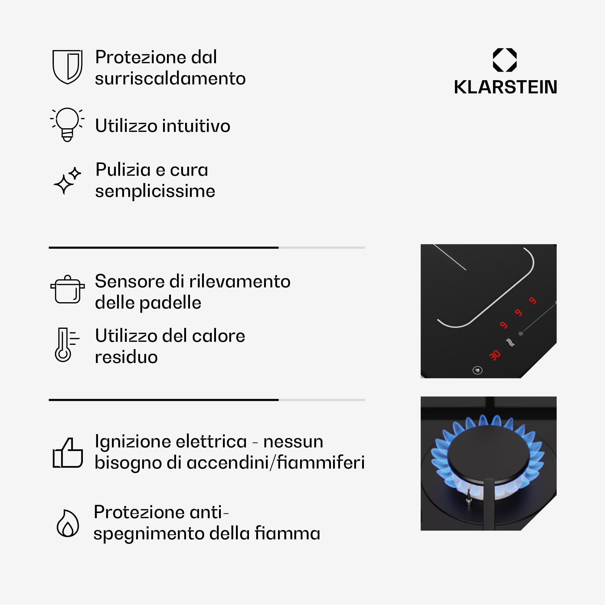 Klarstein MultiChef 4 - Piano Cottura A Induzione E Gas, 4 Zone, 2 Gas & 2 Induzione, Flexzone, Controllo Con Cursore, Stop&Go, Timer, Nero, 58,5 Cm, Design Compatto