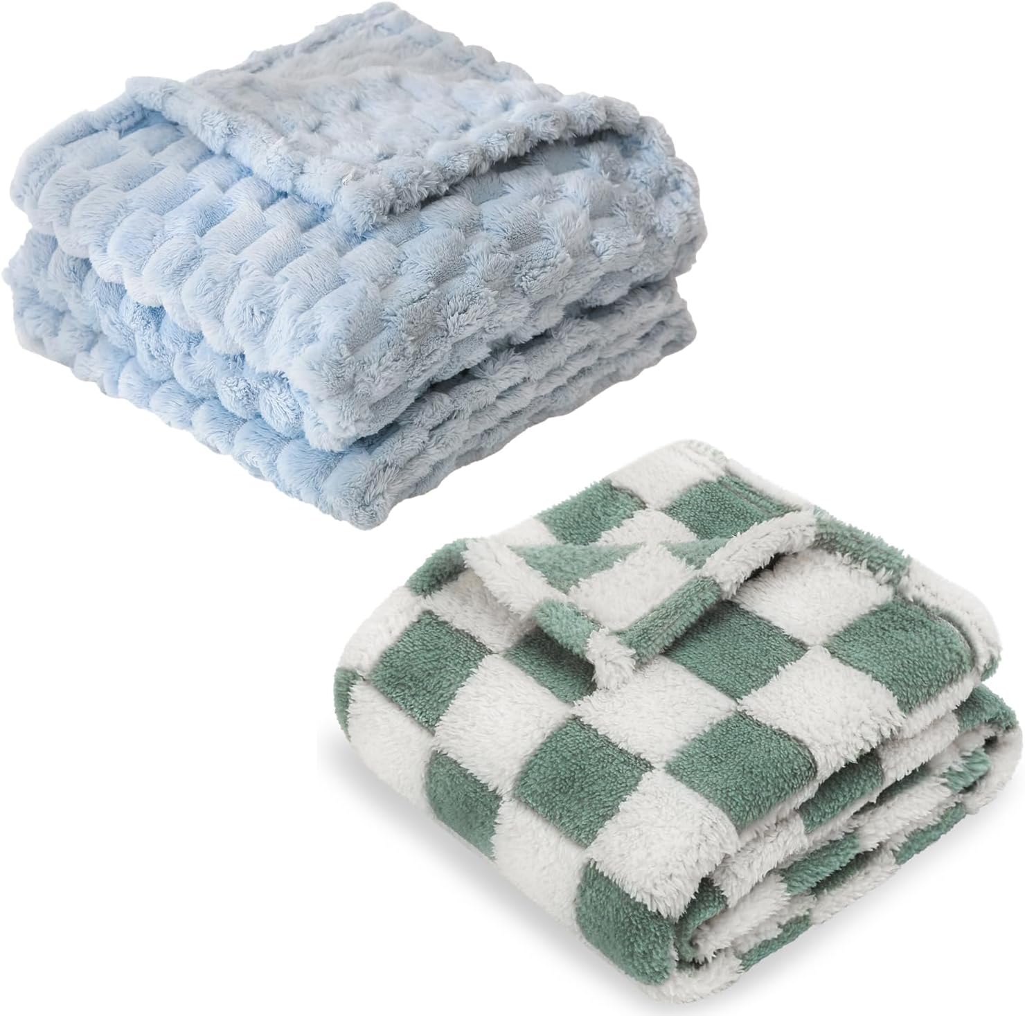 HOMRITAR 2 Pack Flannel Fleece Fluffy Fuzzy Blanket for Baby Blue + 3D Checkered Fleece Baby Blanket Sage 30 x 40 Inch