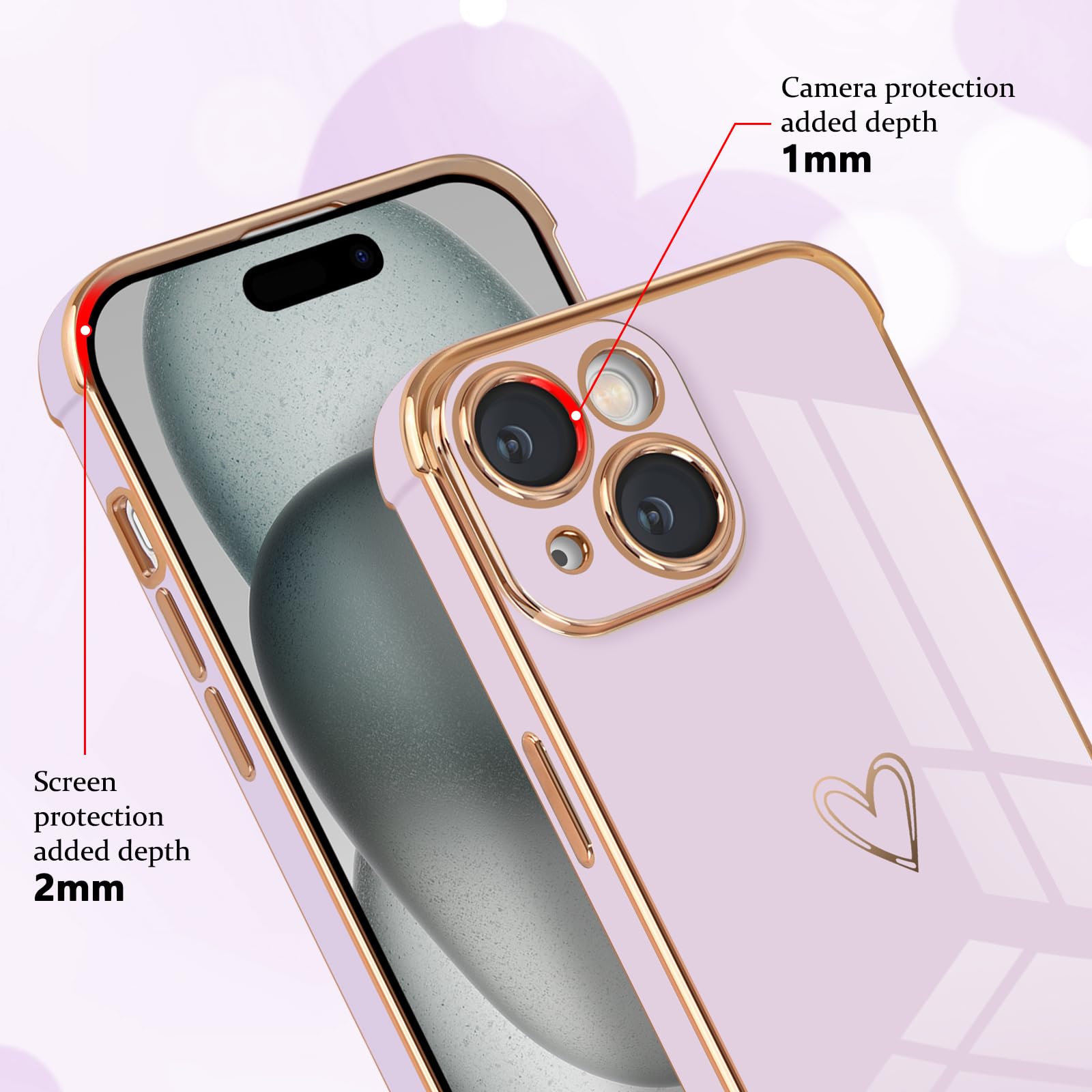 Custodia iPhone 15 per Ragazze e Donne, Cover Morbida e Flessibile in Silicone con Simpatico Cuore d'Amore Cornice Dorata Custodia Protettiva Antiurto per iPhone 15-Blu