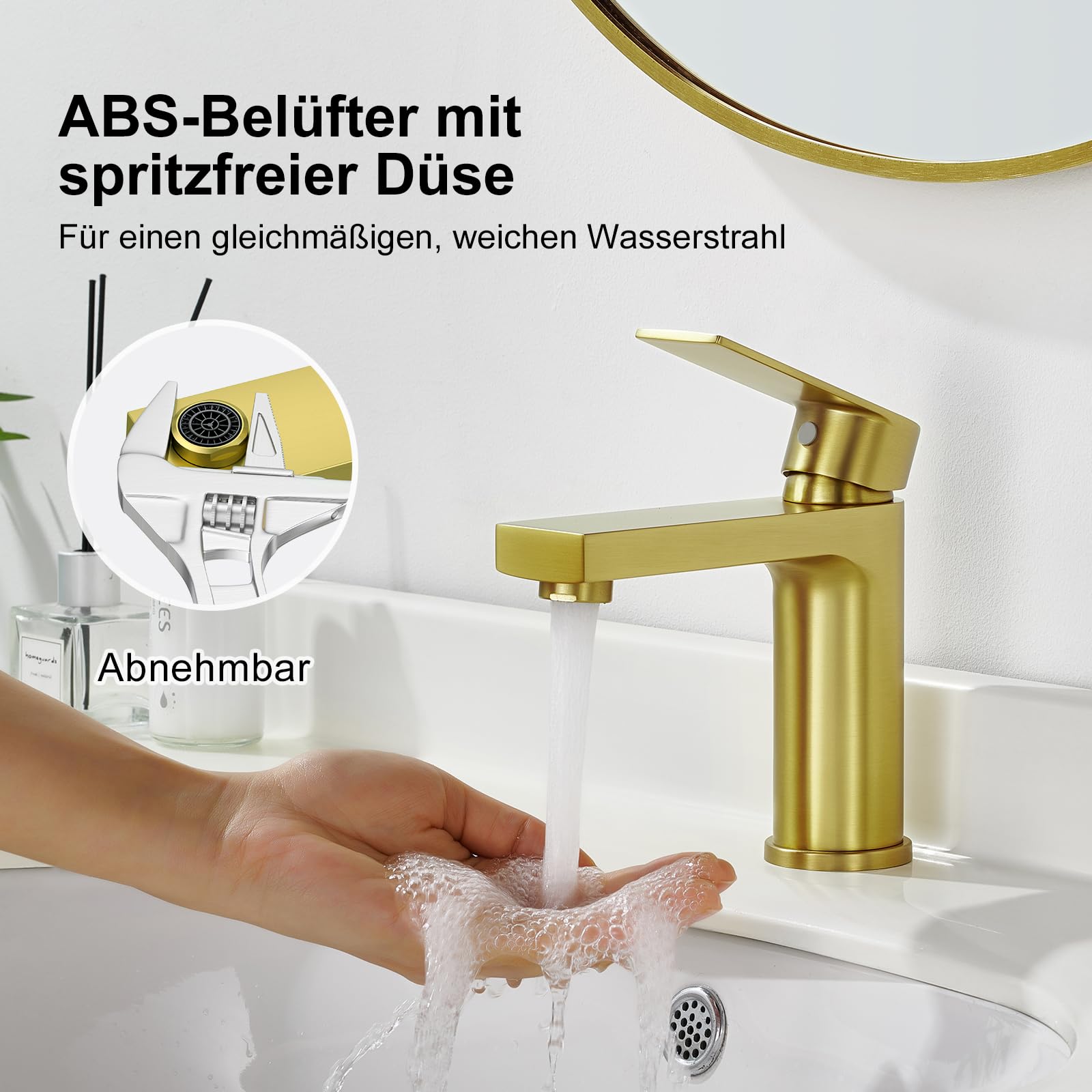Waschtischarmatur für Badezimmer eckig, Hochdruck Einhebelmischer Armatur Wasserhahn für Waschbecken Bad W.C mit Pop-Up Ablaufgarnitur aus Edelstahl in gebürstetes gold