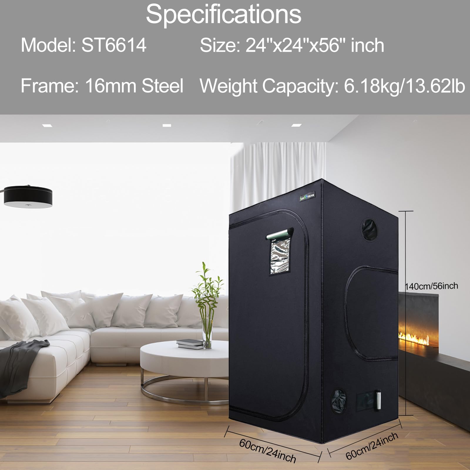 SunStream Grow Tent Tente de Culture Grow Box 60x60x140 cm Hydroponique Tente de Croissance avec Fenêtre d'Observation pour Plantes (Noir, 24"x24"x56")
