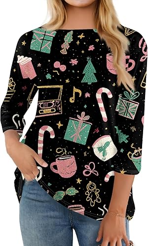 Miniatura 5 de COTECRAM Camisetas de otoño para mujer, estilo casual, manga 34, holgadas, cuello redondo, estampado floral, linda blusa gráfica, túnica