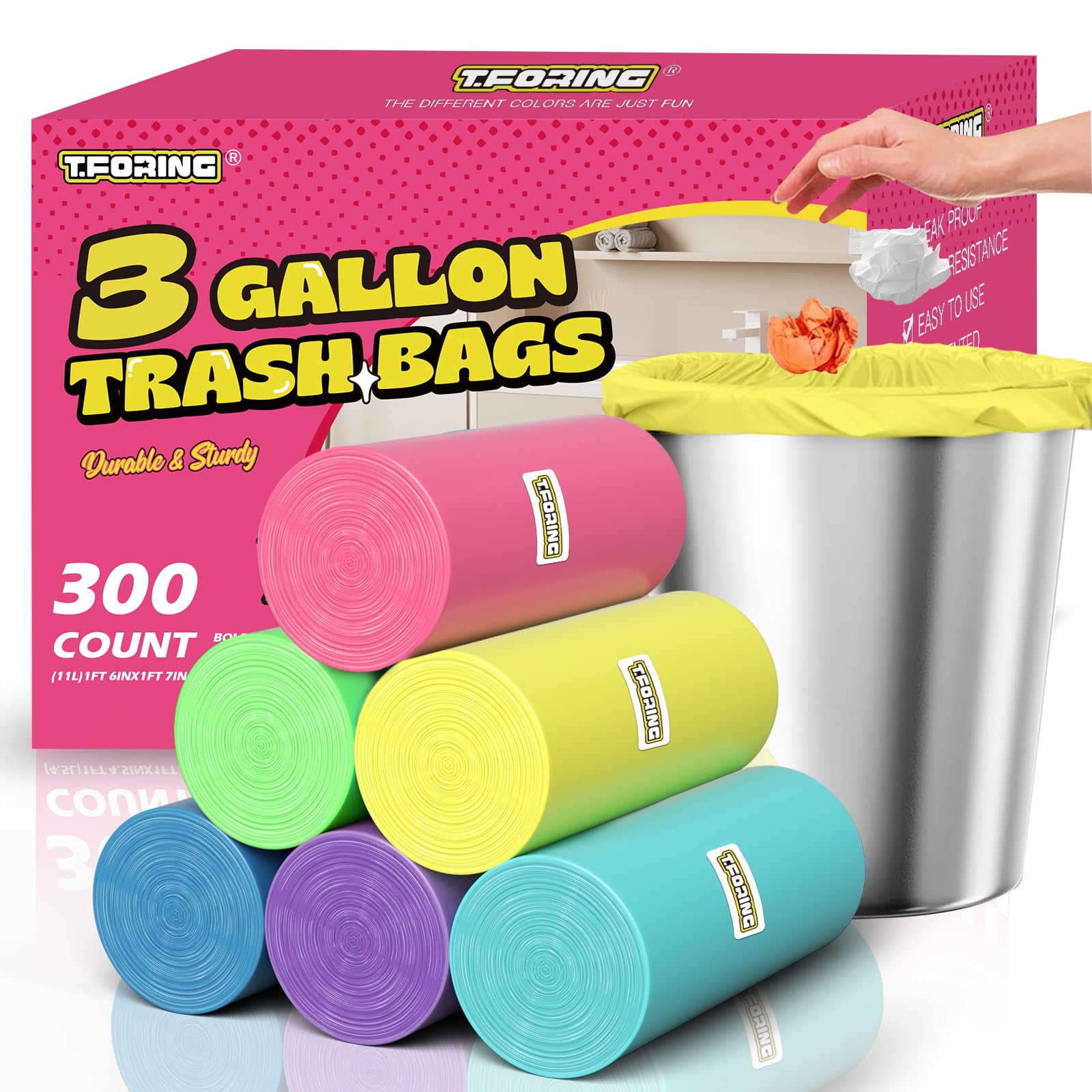 T.FORING 300 Count 3 Gallon Trash Bags - 12 Liter Colored Small Garbage Bags Unscented Wastebasket Liners Heavy Duty & Leakproof Mini Can Liners for