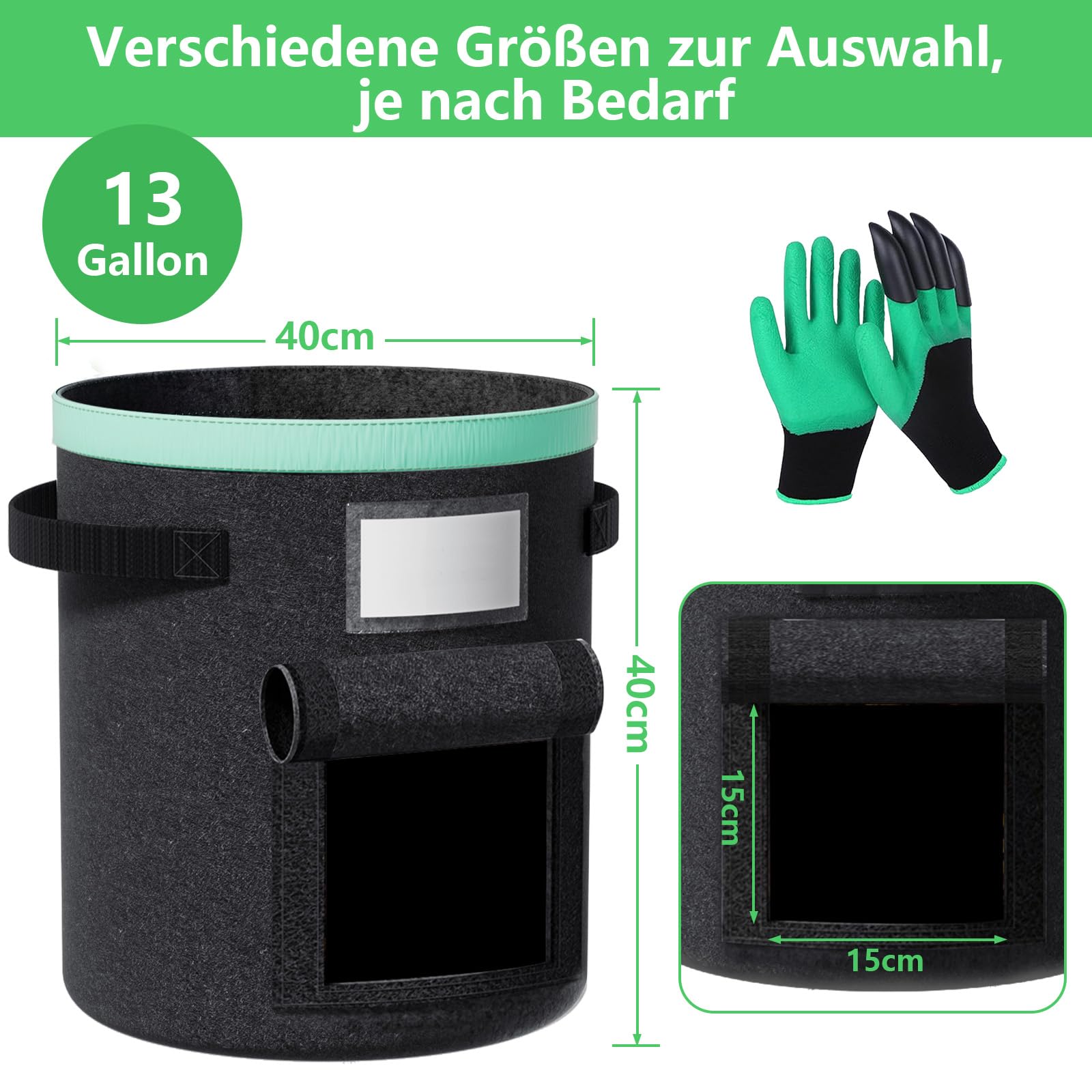 Kartoffel Pflanzsack: Pflanzsäcke mit Griffen und Sichtfenster Kartoffelsack zum Pflanzen für Tomaten und Pflanzen (nero, 13 galloni)