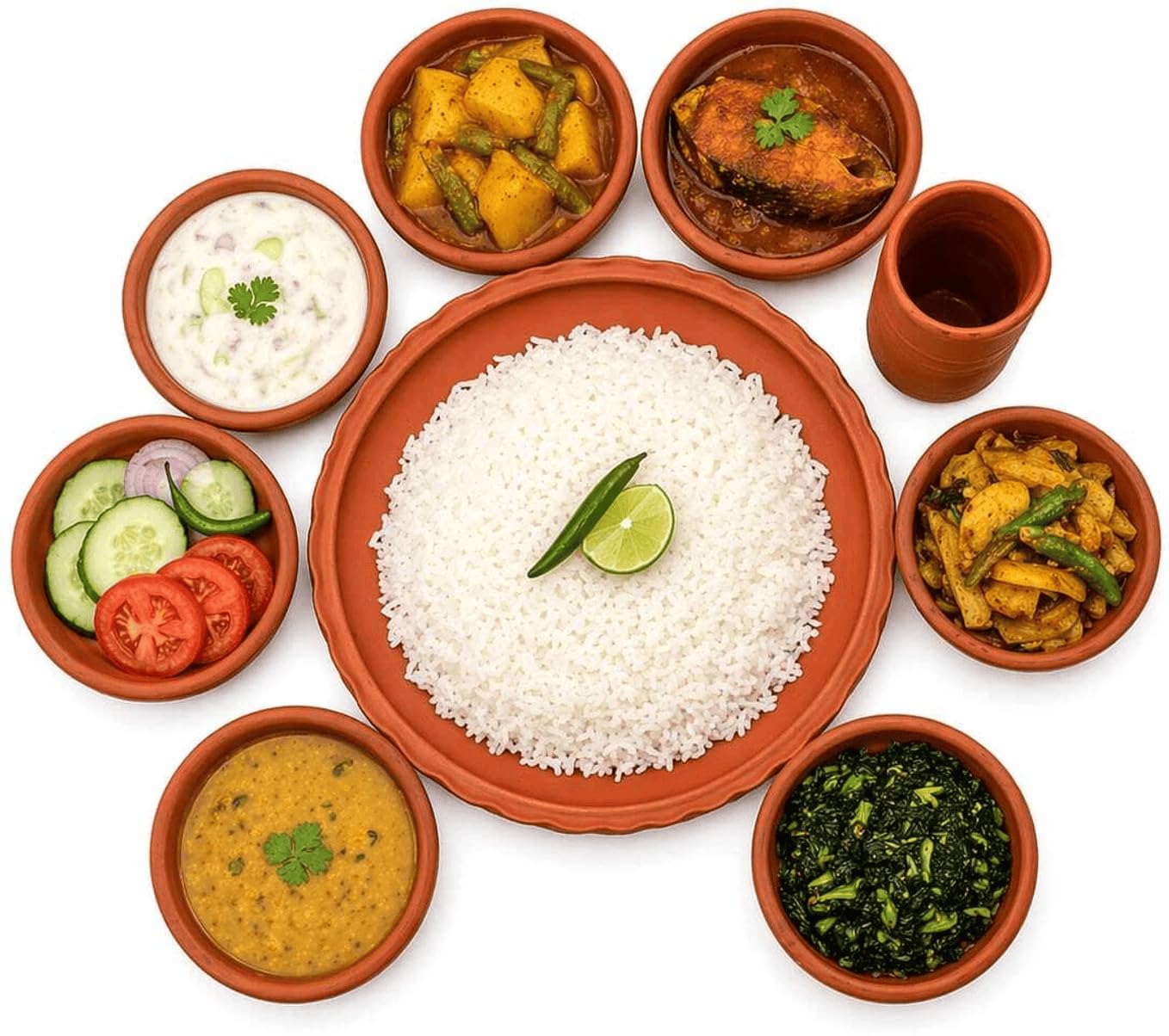 Hatekalame-Traditional Clay Thali Set, 9-Piece, Includes Large Main Plate, 7 Serving Bowls for Curries and Dals, and Clay Glass-image-25