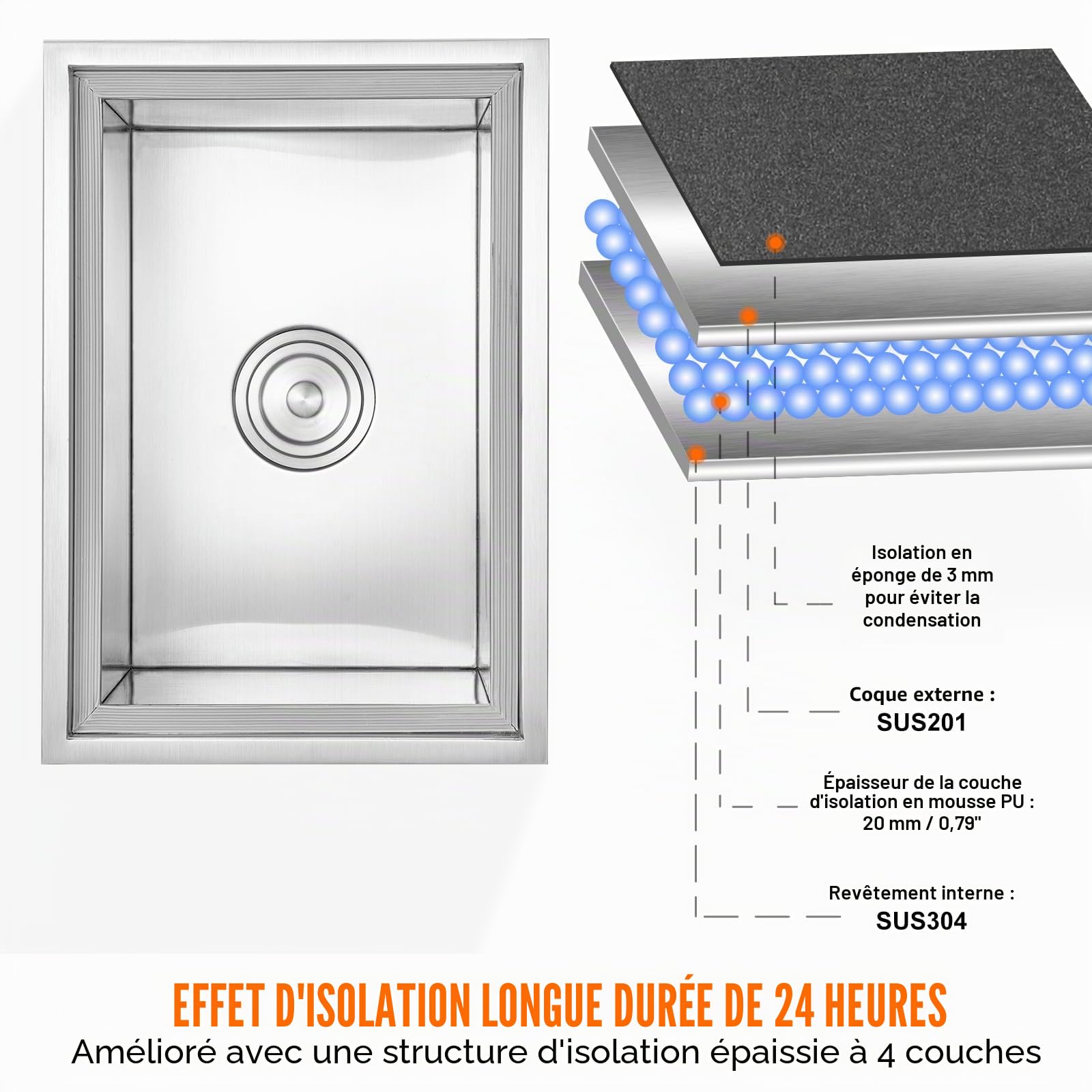 VEVOR Bac à Glace Encastrable 30,25 L 508x355x308 mm Boîte Isotherme pour Glace avec Couvercle en Inox Alimentaire Conservateur à Glaçons pour Boissons Bières Fraîches Cuisine Extérieure Bar Domicile