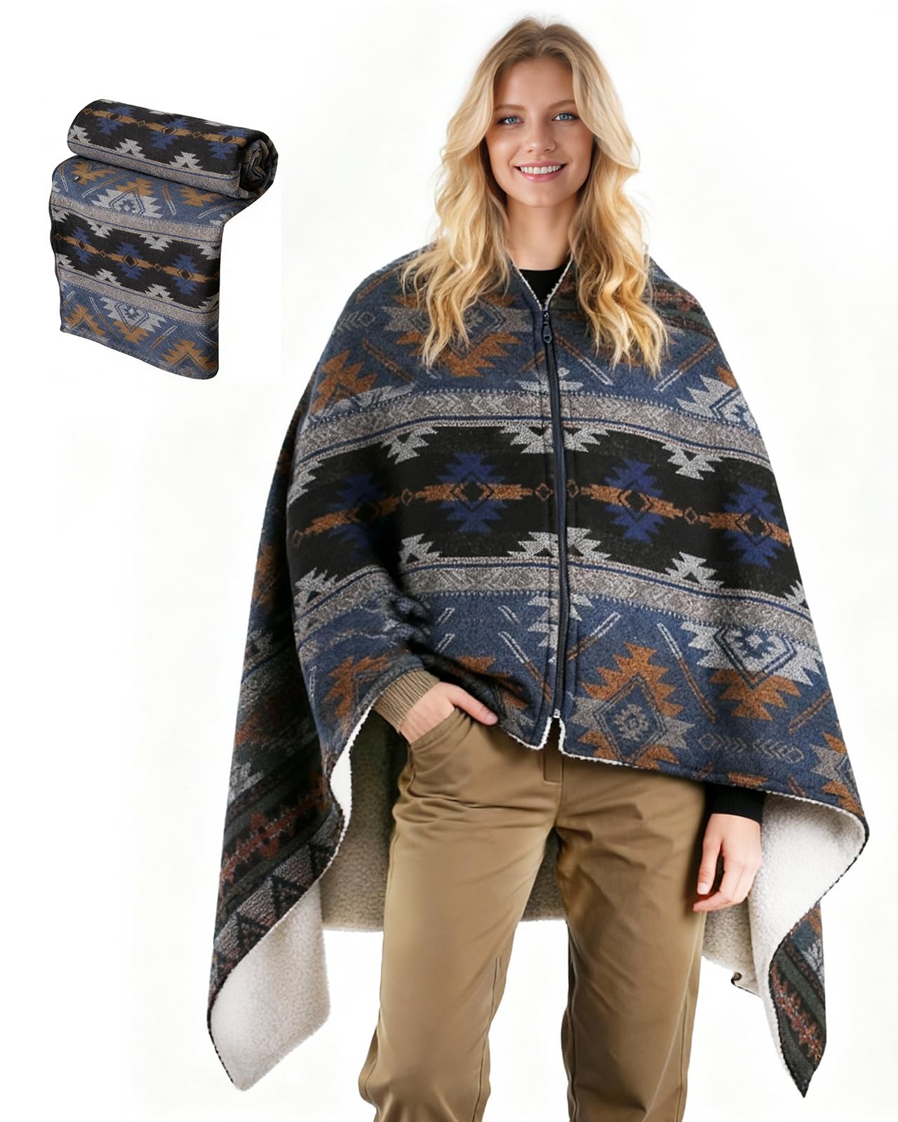 Photo 1 of Itartshion Heated Wearable Blanket, Faux Cashmere Electric Throw with 3 Heating Levels, Type-C Powered, Southwestern Pattern, 40x65 Inches (Blue(Thin))