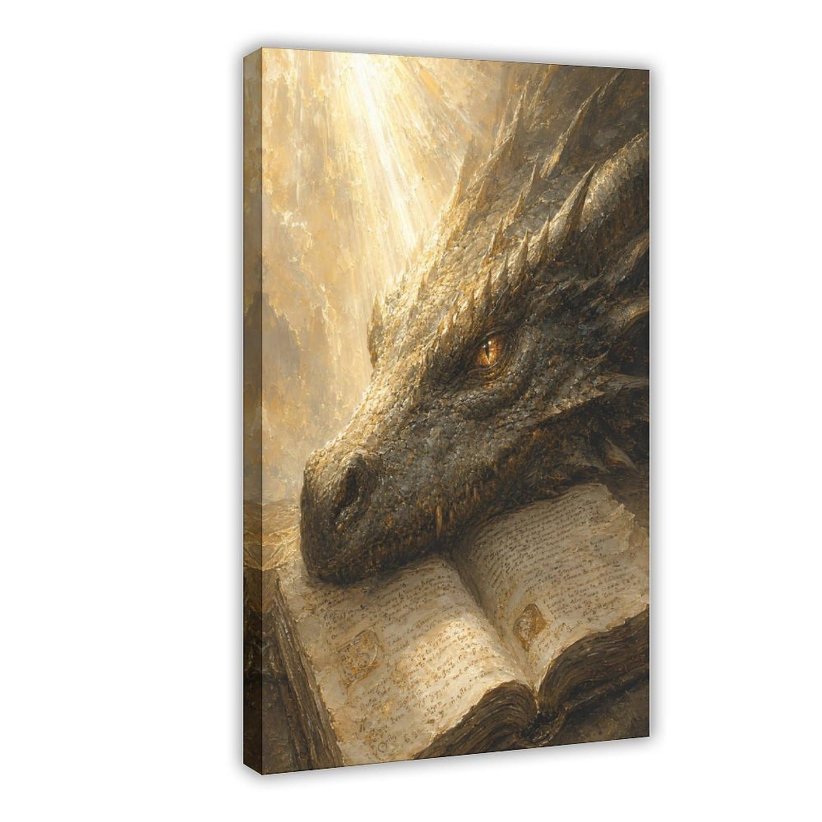 H3B8U2Y5 Dragon Resting on Ancient Book Canvas Wall Art, Surrealist Hallway