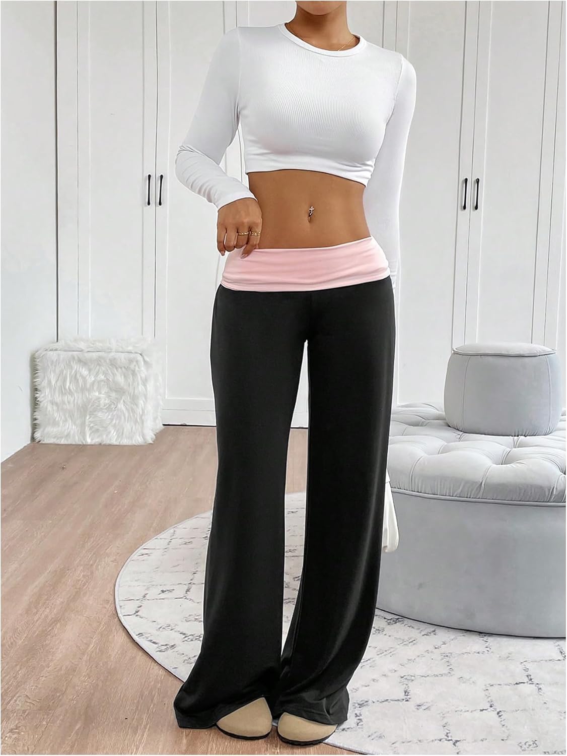 SOLY HUX Women's Sweatpants Color Block Low Rise Fold Over Waist Baggy Wide Leg Pants - Image 5