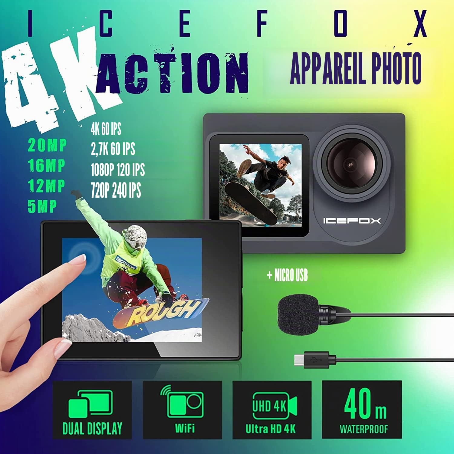 icefox Action Cam 4K Ultra HD 20MP Caméra sous-Marine étanche 40 m 170 degrés Ultra Grand Angle WiFi stabilisation Glace avec Double Batterie 1350 mAh Gris foncé