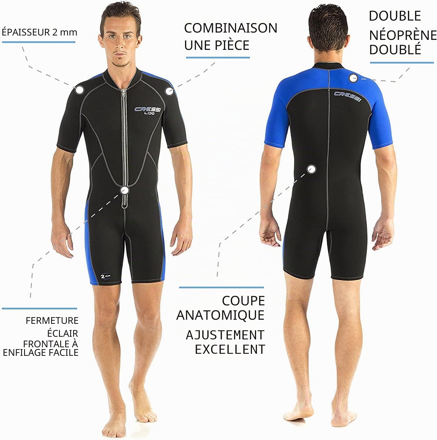 Cressi Lido Man Shorty Wetsuit - Men's Shorty Wetsuit for Snorkelling, Swimming and Water Sports, 2mm Ultra Stretch Neoprene